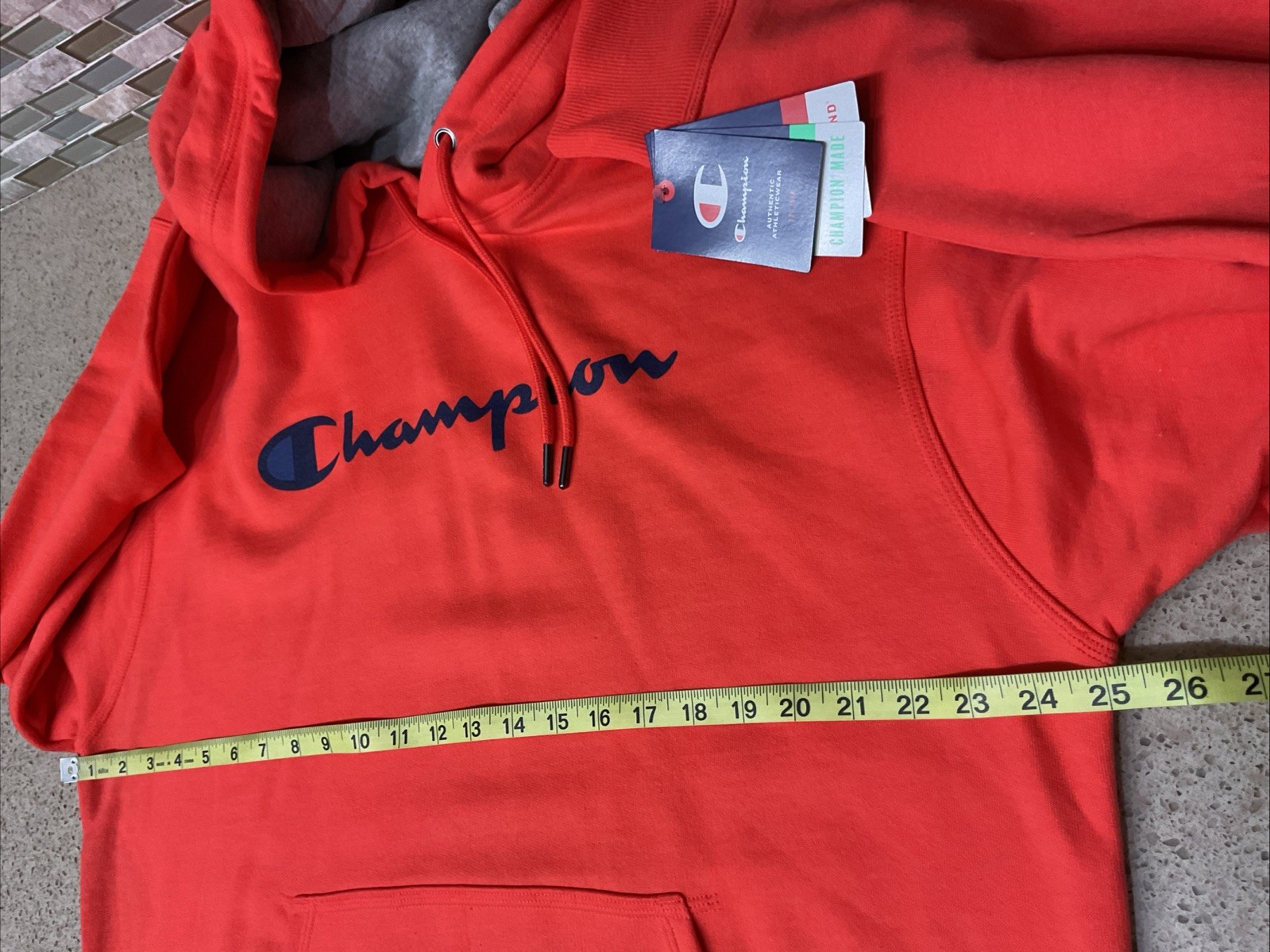 Mens Champion Hoodie Poppy Peach Orange Fleece Size Large 50×28” Pullover New
