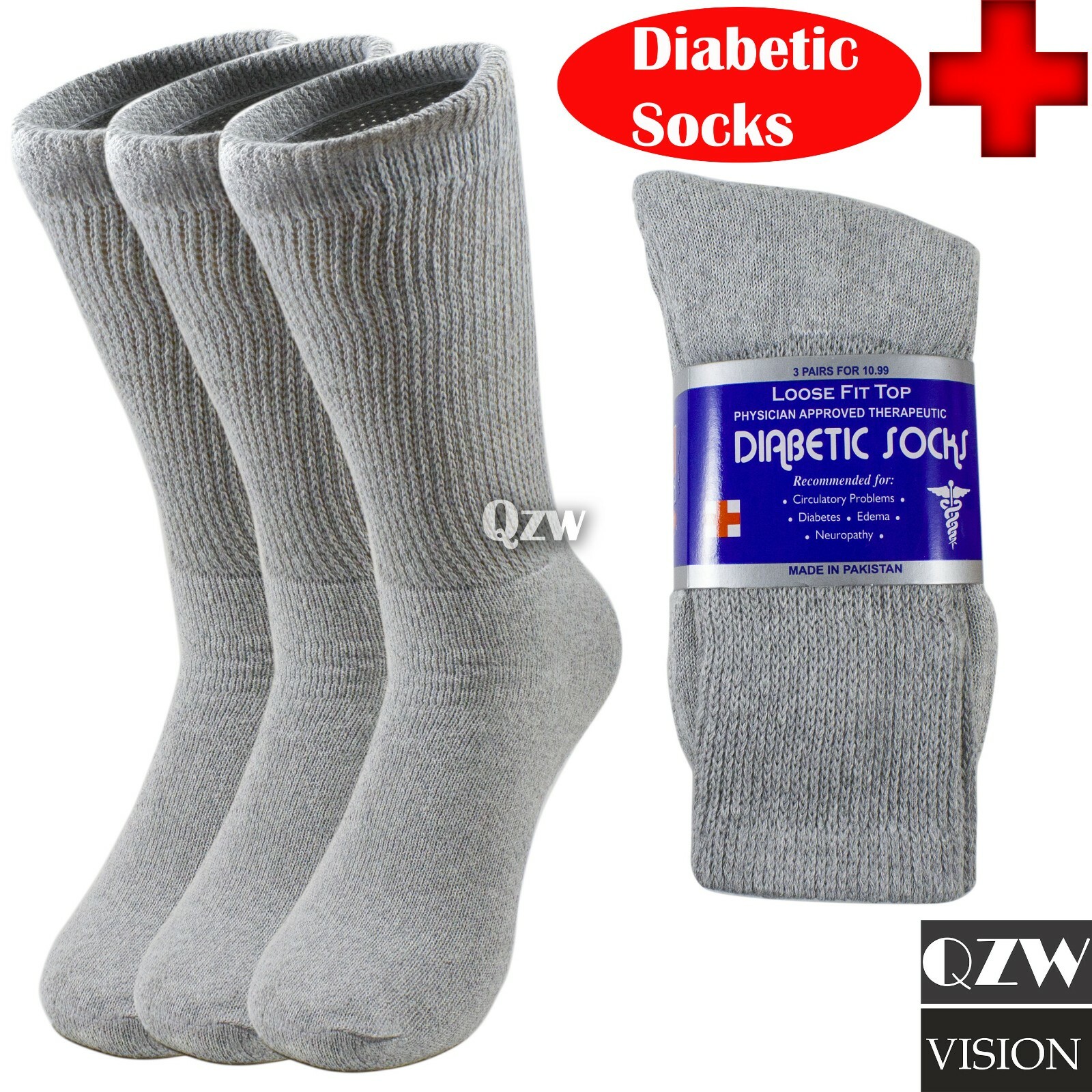 3-12 Pairs Health Loose Fit Top Crew Cotton Diabetic Socks Gray 9-11 10-13 13-15