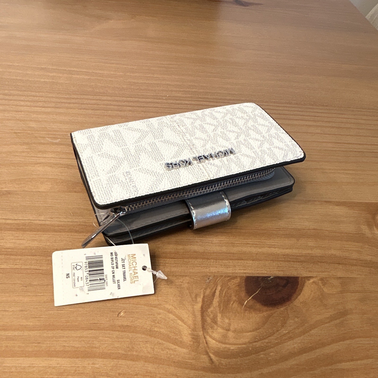 Michael Kors Ivory Logo Zip-Around Wallet, Organizer Card Slots Photo Holder