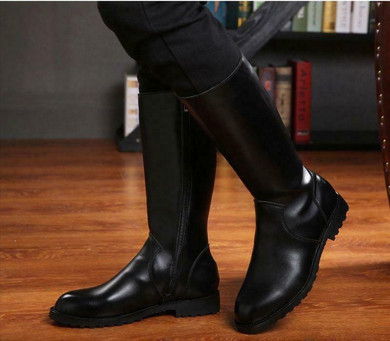 Men’s German Army Officer Leather Knee High Boots Side Zip Casual shoes