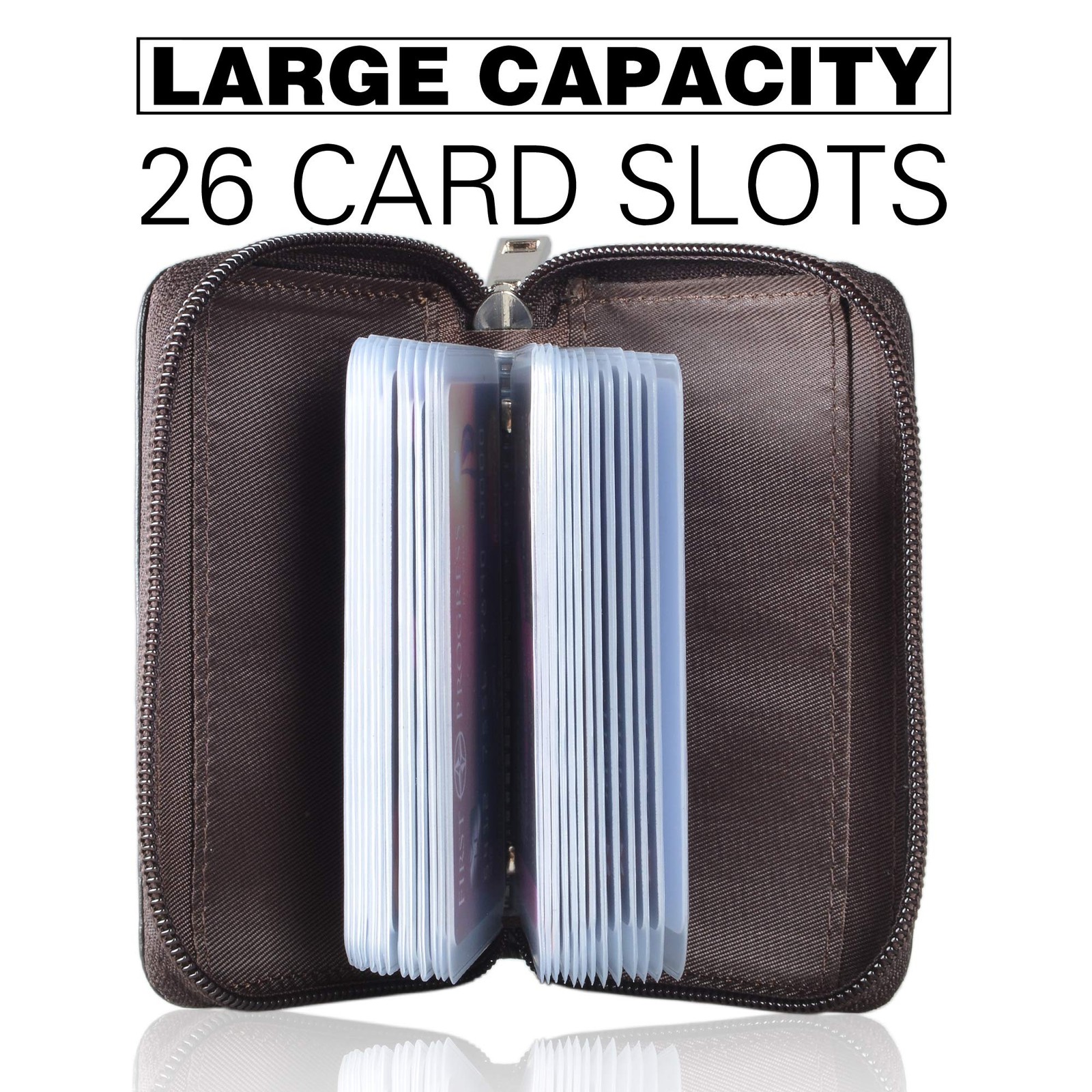 Genuine Leather Credit Card Holder Zipper Wallet With 26 Card Slots (Coffee)