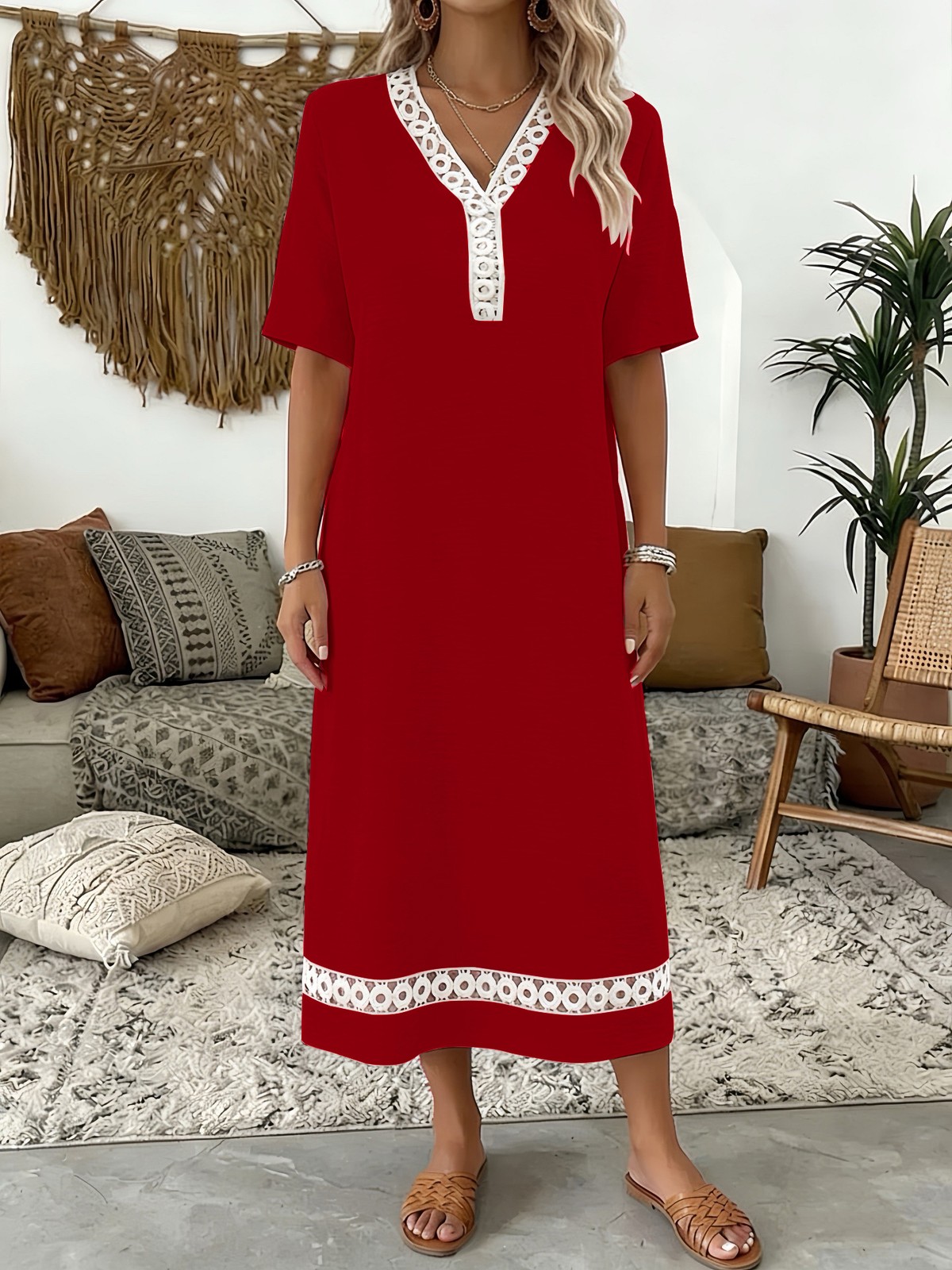 NEW Fashionable And Elegant Lace-panel Womens Long-sleeve Midi Dress For Summer