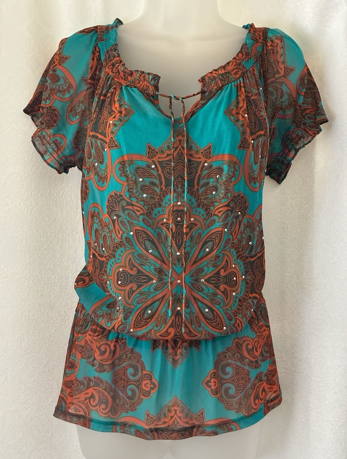 INC International Concepts Paisley Chiffon Tie V-Neck Sheer Blouse M Regular
