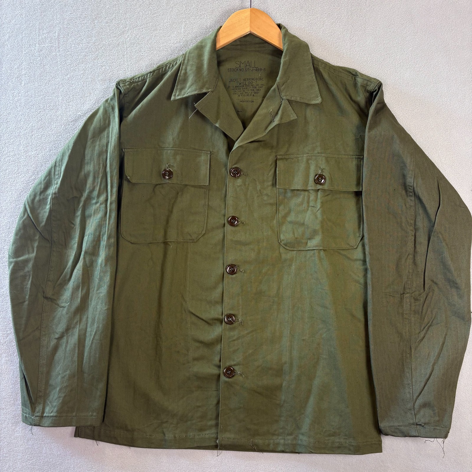NOS 50s HBT Shirt Mens S 20×28 OD-7 Herringbone Twill Utility Military VTG 1951
