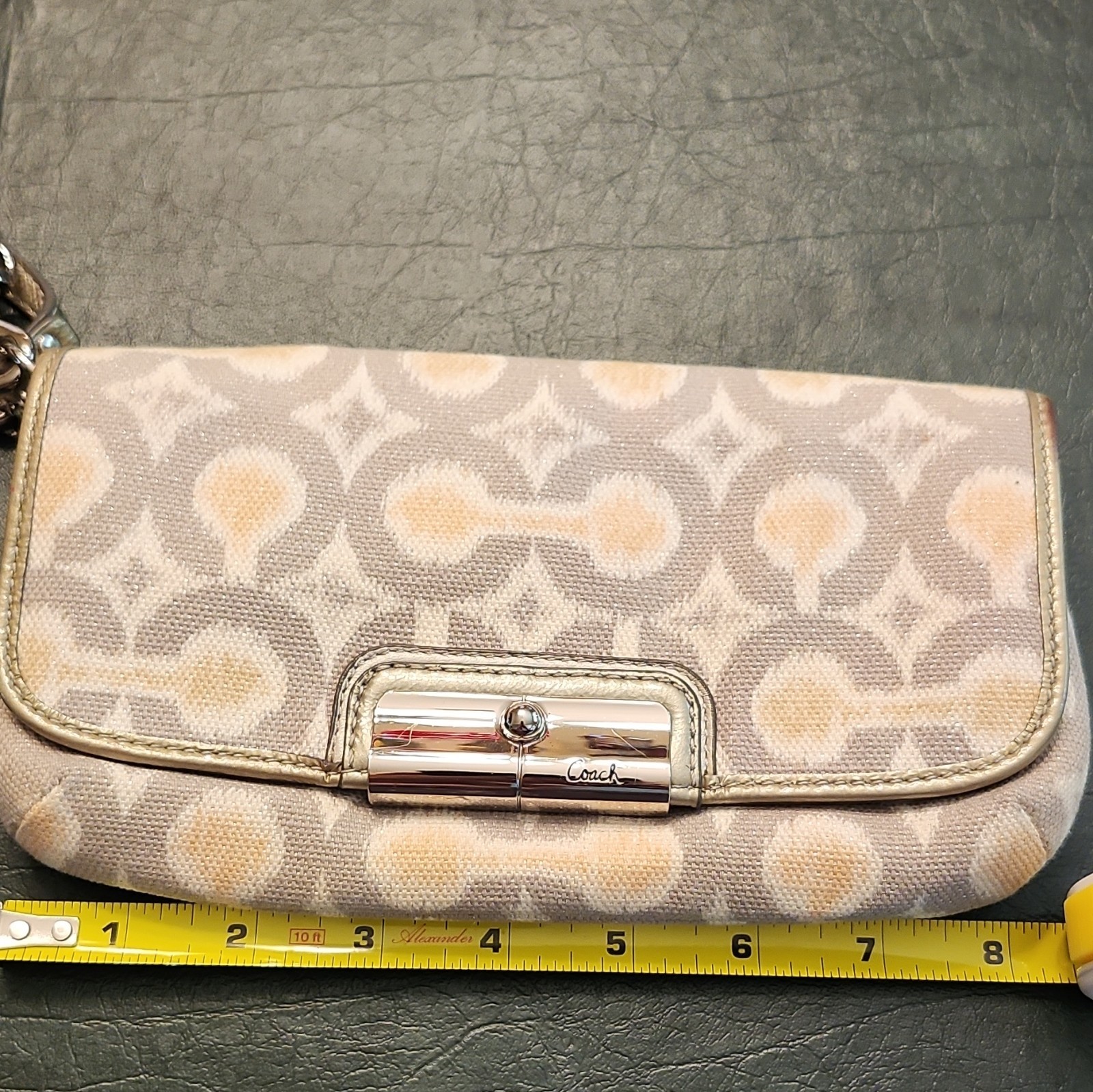Coach Women’s Small Beige/Ivory Logo Wristlet Clutch Turn Lock, Lined Pockets