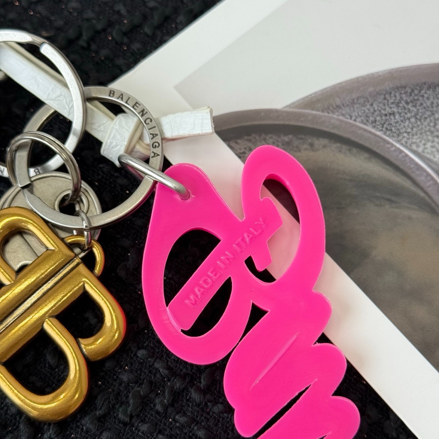 Balenciaga Multi Badge Keychain White Heart Hot Pink Script Logo Bag Charm