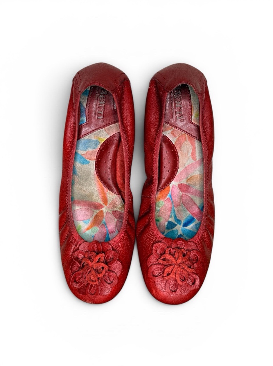 Born Julianne Floral Ballet Flats Red Leather Size 8.5 Comfort Slip On Boho