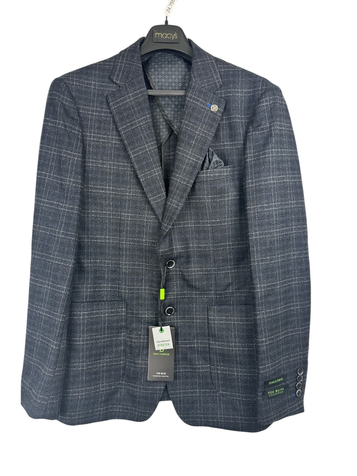 Tom Baine Sport Coat Mens Size Large 42 Gray Blue Plaid Slim Fit Stretch NWT
