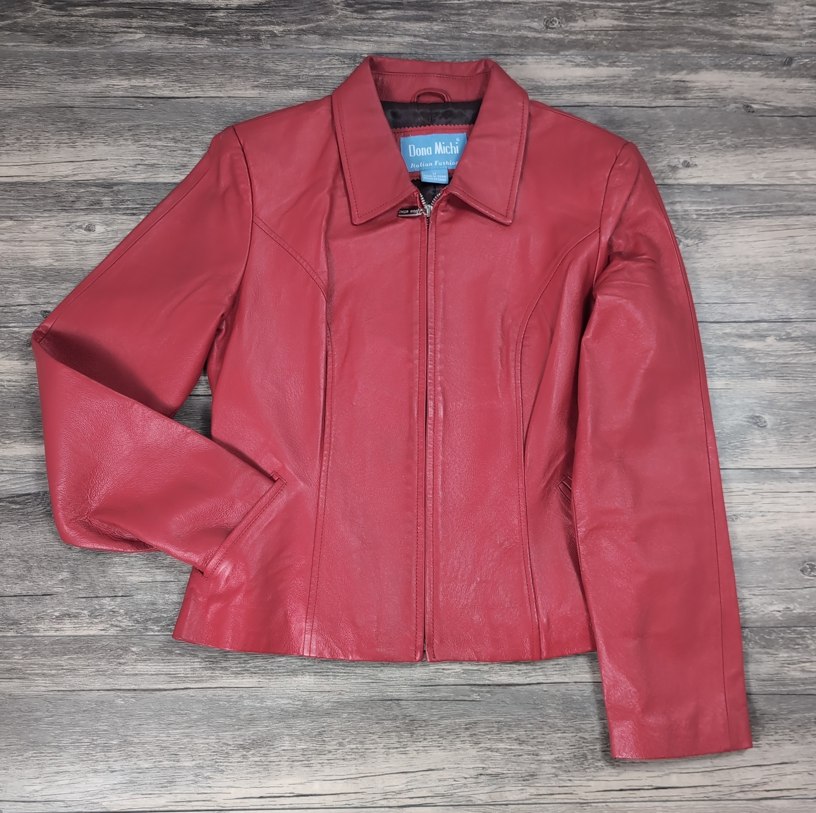 Dona Michi Italian Womens Genuine Red Leather Zipper Closure Fitted Jacket Sz M
