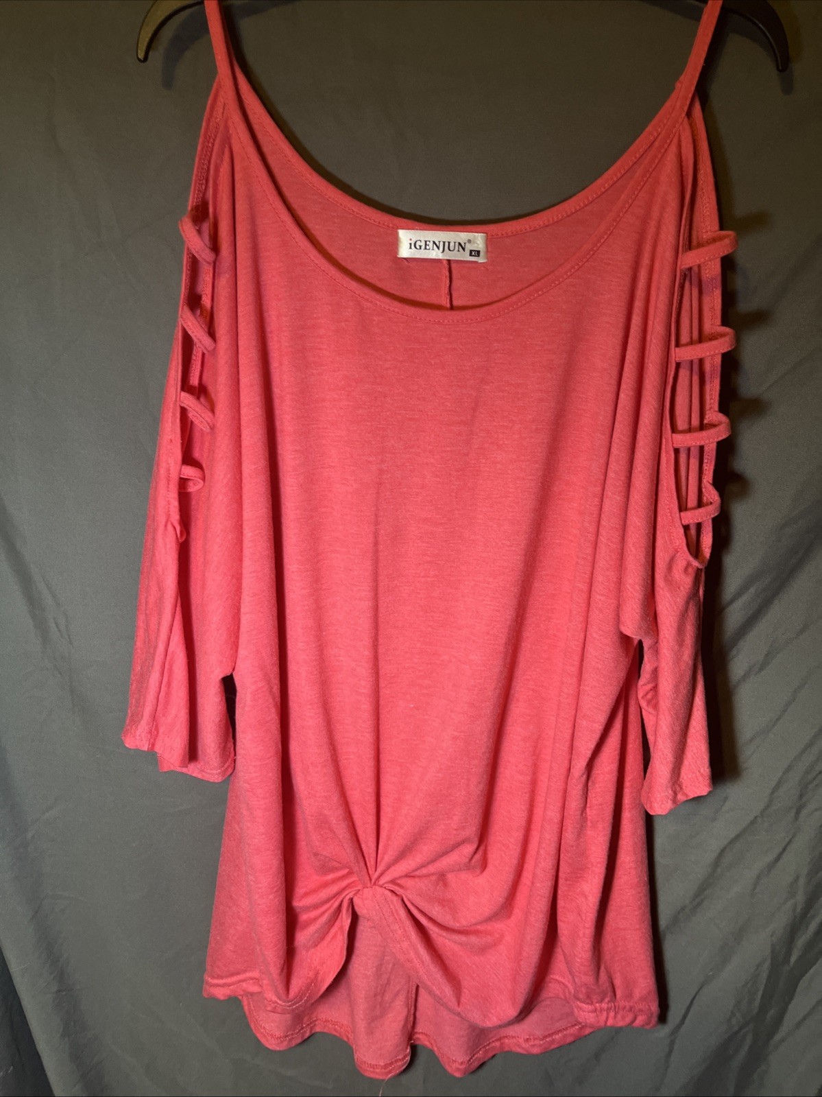 iGENJUN Women’s Casual Loose Hollowed Out Shoulder3/4 Sleeve Shirt XL – Coral