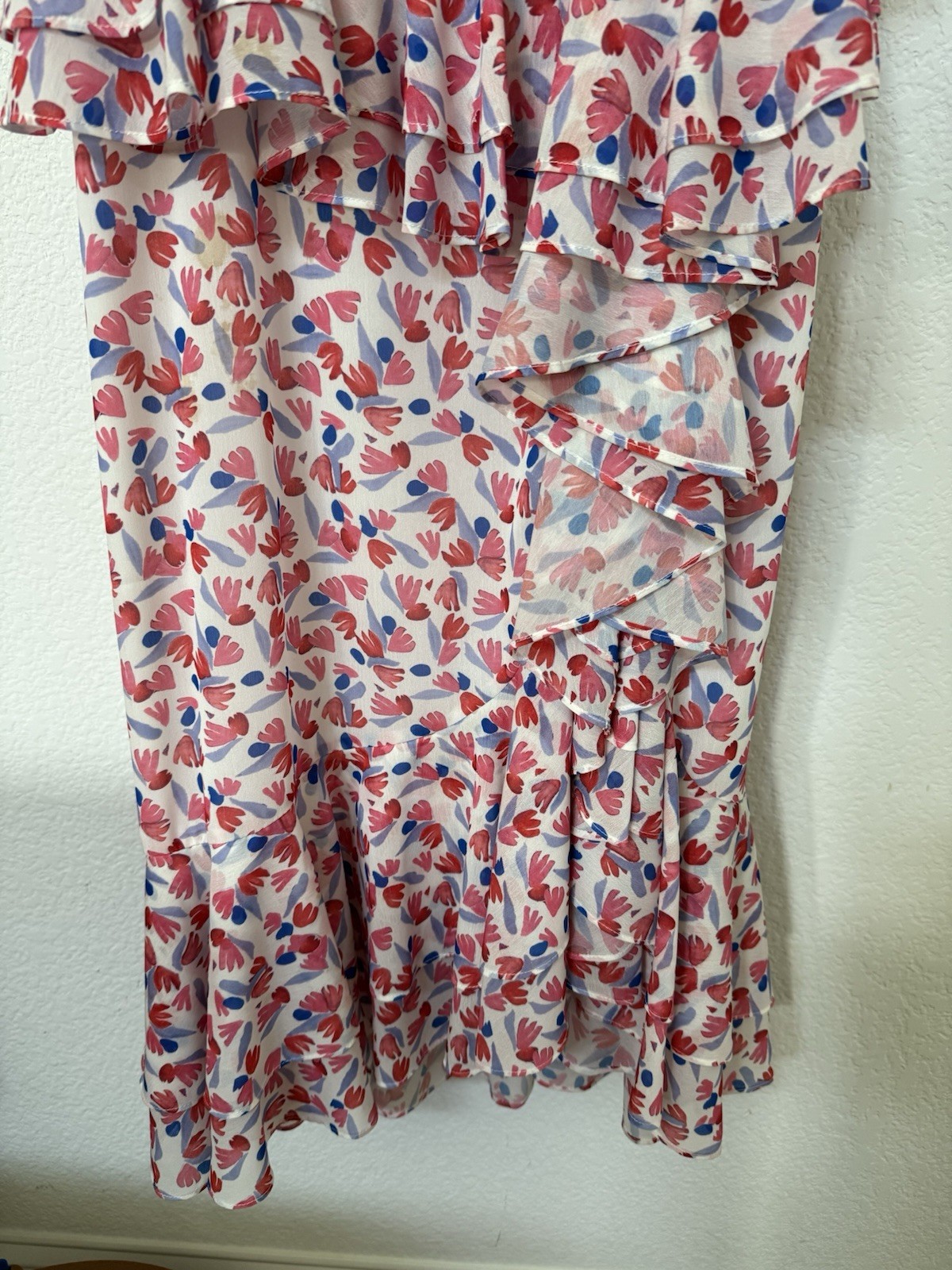 Amur Dylan One-Shoulder Ruffle Floral Midi Dress White/Pink/Blue Size 4