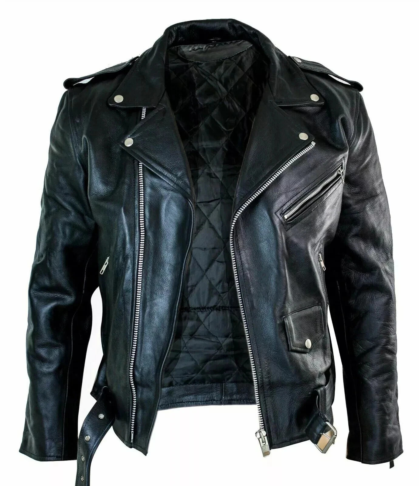 Men’s Motorcycle Leather jacket Genuine Buffalo Skin Brando Style BlackBiker New