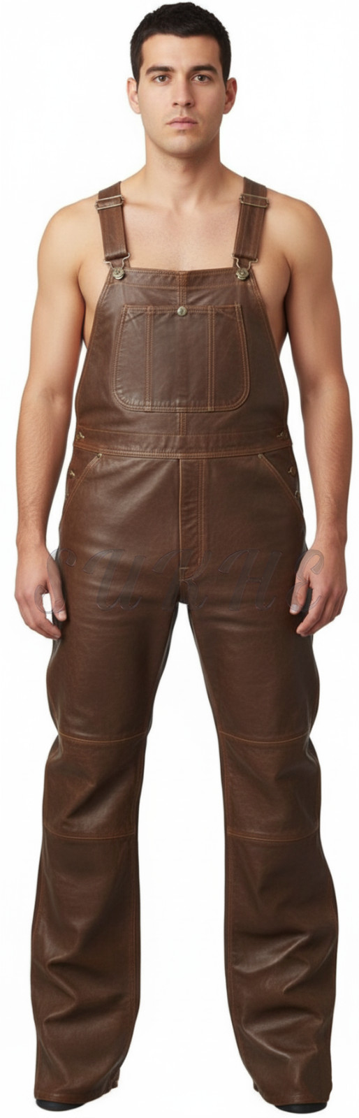 Brown Flare Legs Men’s Premium Genuine Leather Bib Overalls Leather Overall
