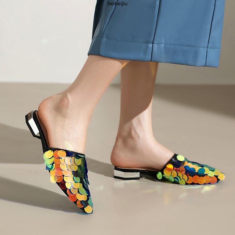 Glitter Sequins Women’s Flat Slipper Pointed Toe Mules Sandals Casual 46/47/48