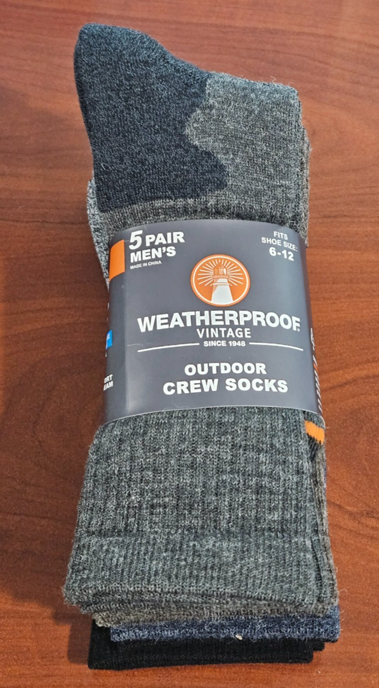 5 Pack Weatherproof Outdoor Wool Blend Crew Sock Size 6-12 Black Gray Blue Brown