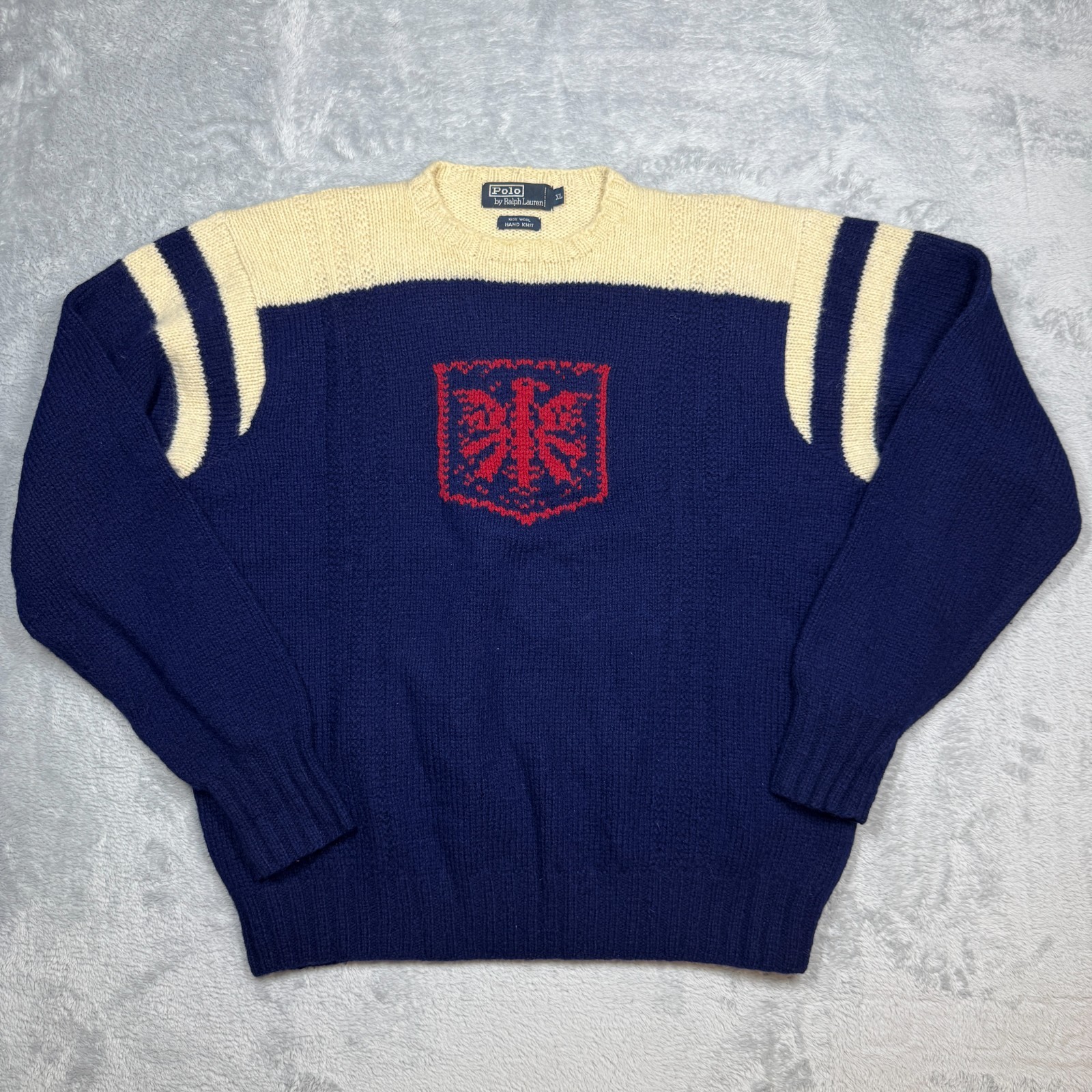 Vintage Ralph Lauren Polo Sweater Mens Blue XL Hand Knit Eagle Crest Wool 90s