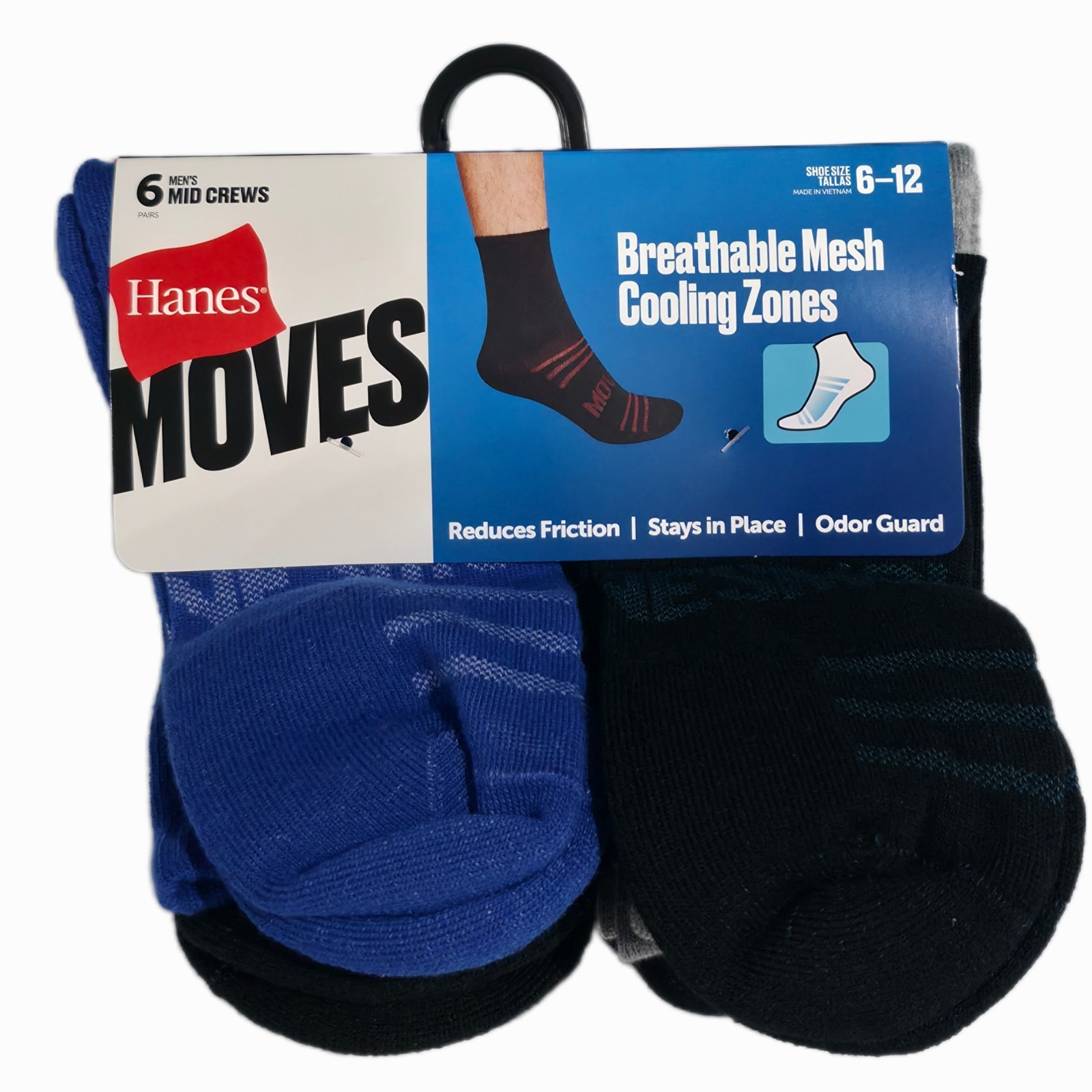 Hanes Moves Men’s Mid Crew Socks 6 Pairs Size 6-12 Black Red Gray Blue
