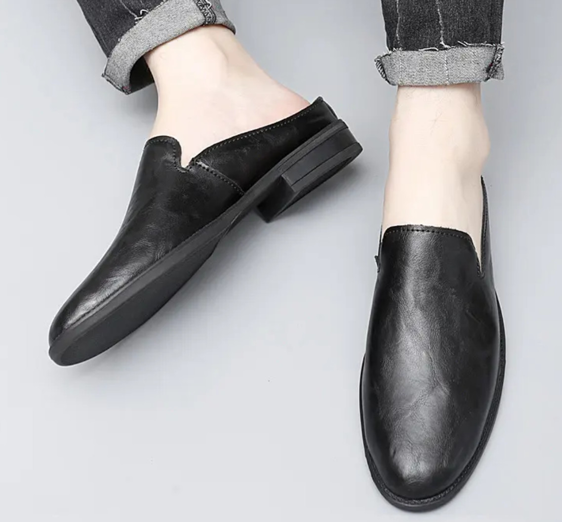 Mens Summer Mules Leather Slippers Closed Toe Slip On Casual Shoes Loafer 2025