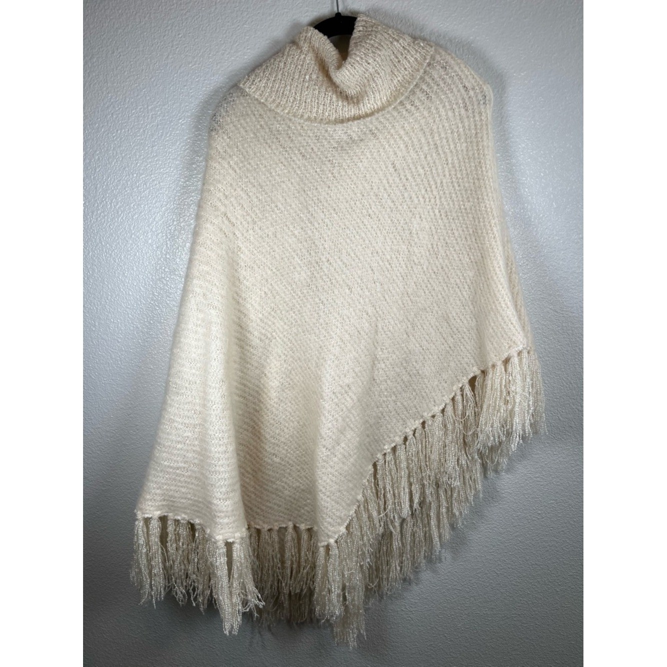 Betsey Johnson Cream Cowl Neck Fringe Asymmetrical Poncho Sweater One Size