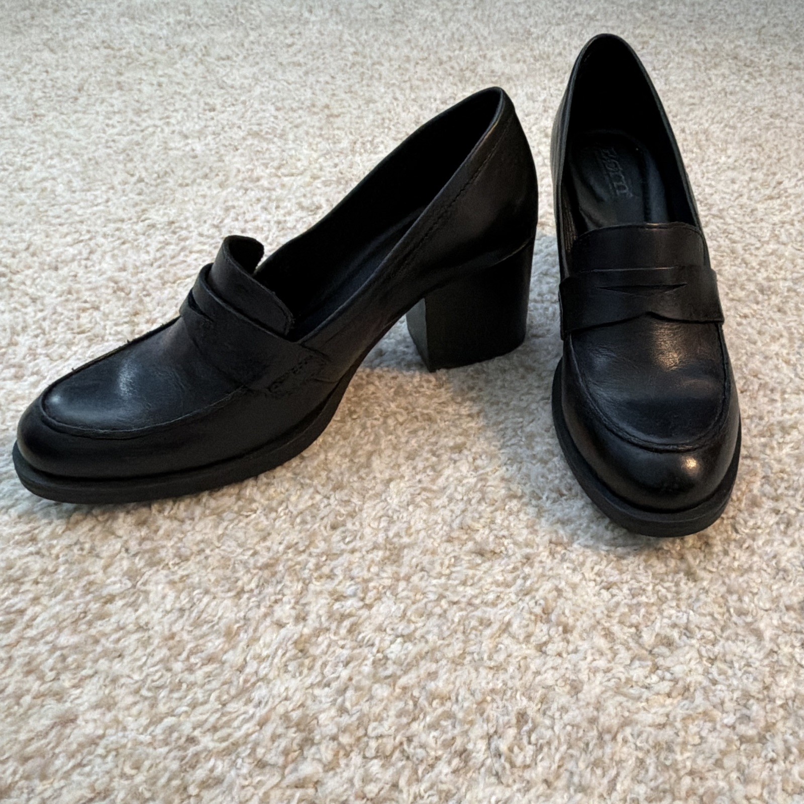 Born Black Leather Slip-On Loafer Block Heel, Round Toe, Logo, US 8 M