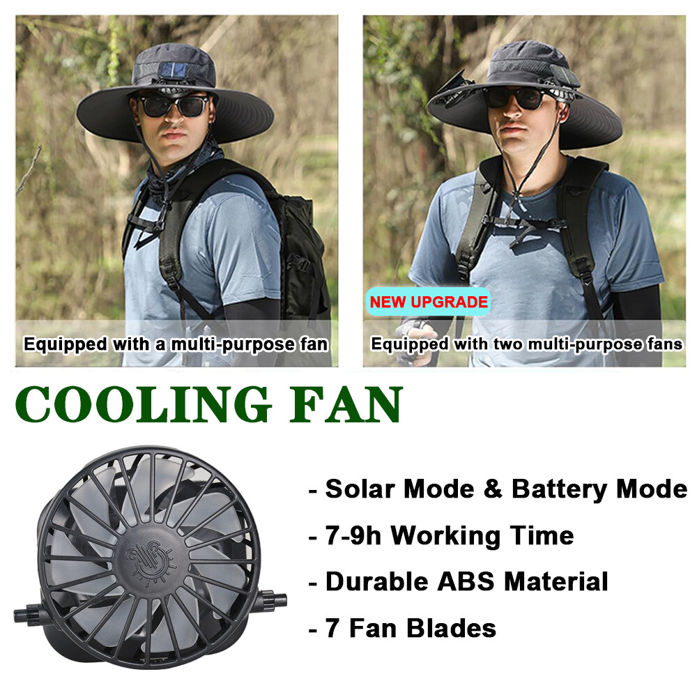 Outdoor Wide Brim Sun Hat with 2 Solar Fans Fishing Hiking Camping UV Protection
