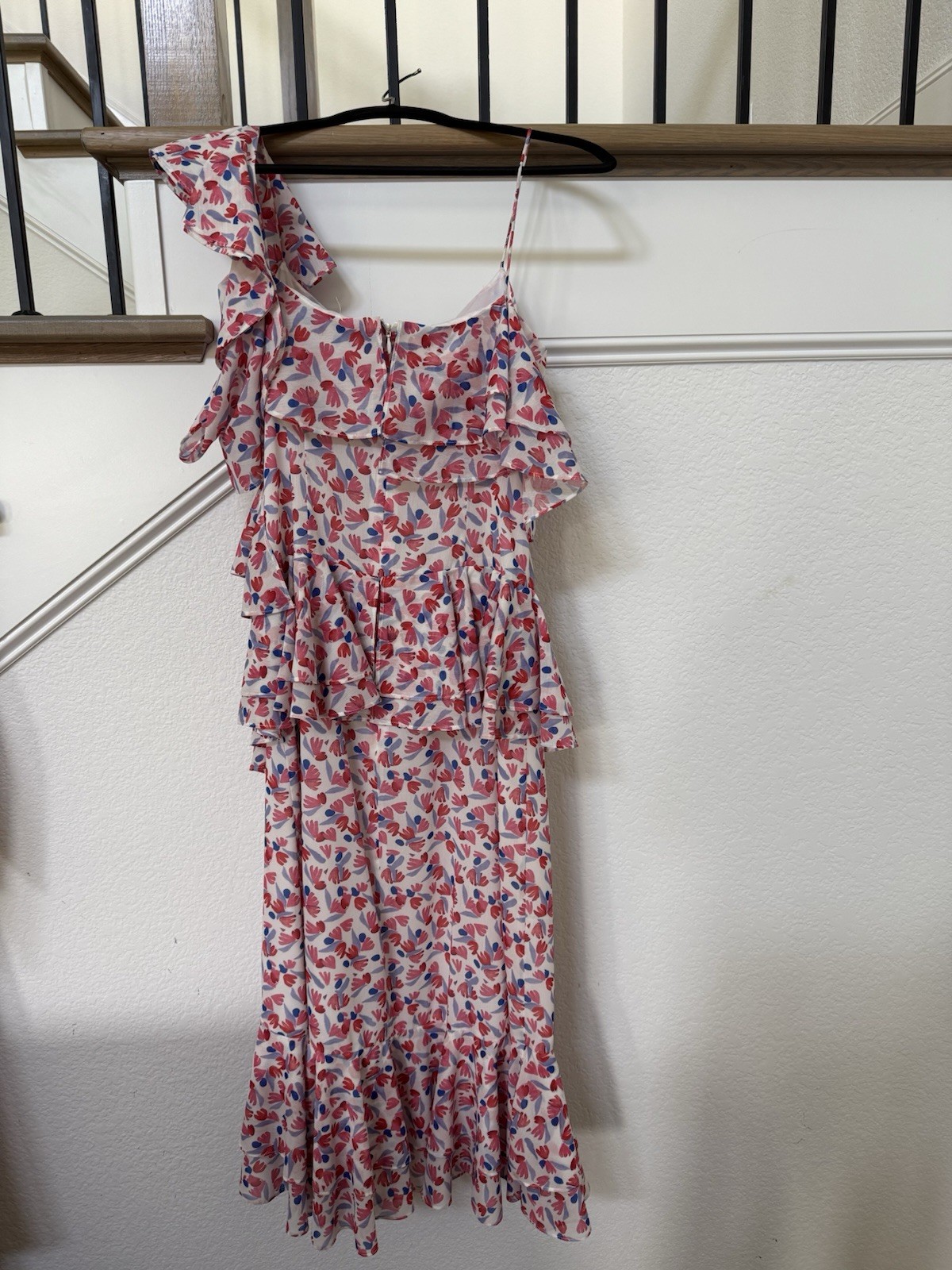 Amur Dylan One-Shoulder Ruffle Floral Midi Dress White/Pink/Blue Size 4