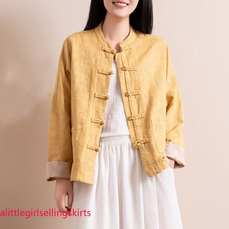 Chinese Style Retro Womens Loose Shirt Cotton Linen Casual Tops Coat Long Sleeve