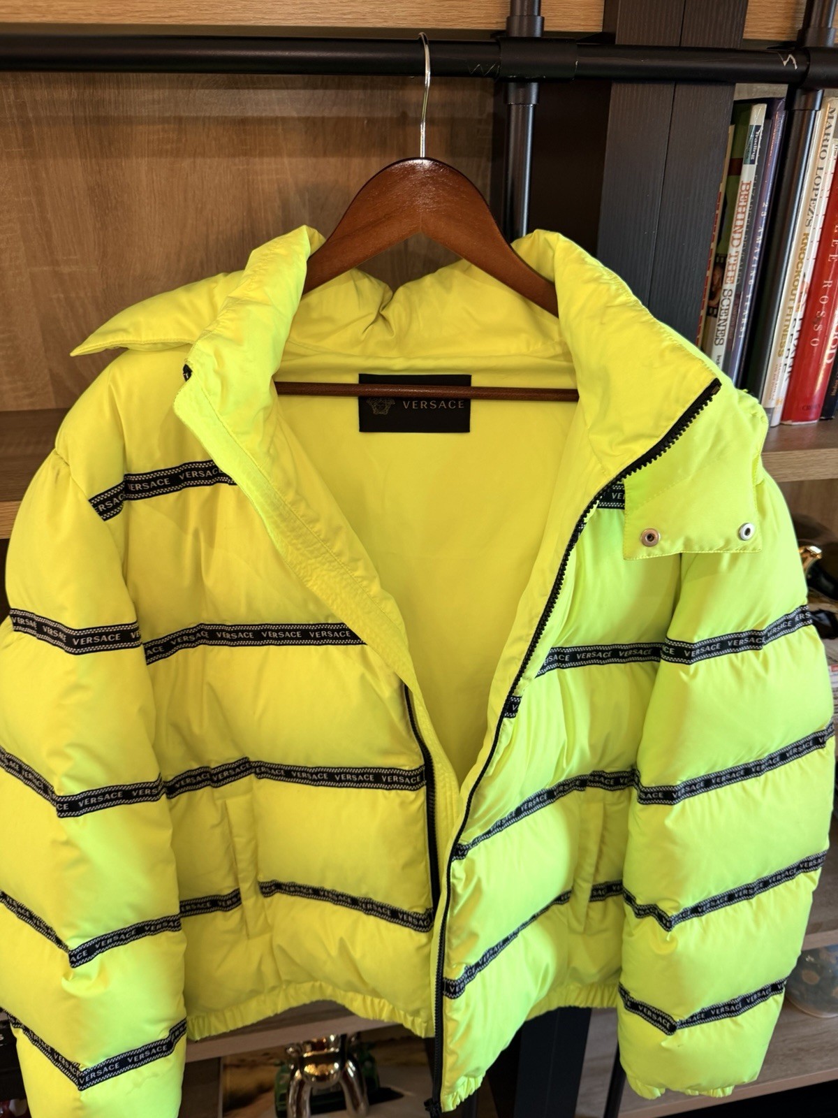 Versace Men’s Yellow Hooded Down Puffer Jacket Full Zip Logo Trim Size 52
