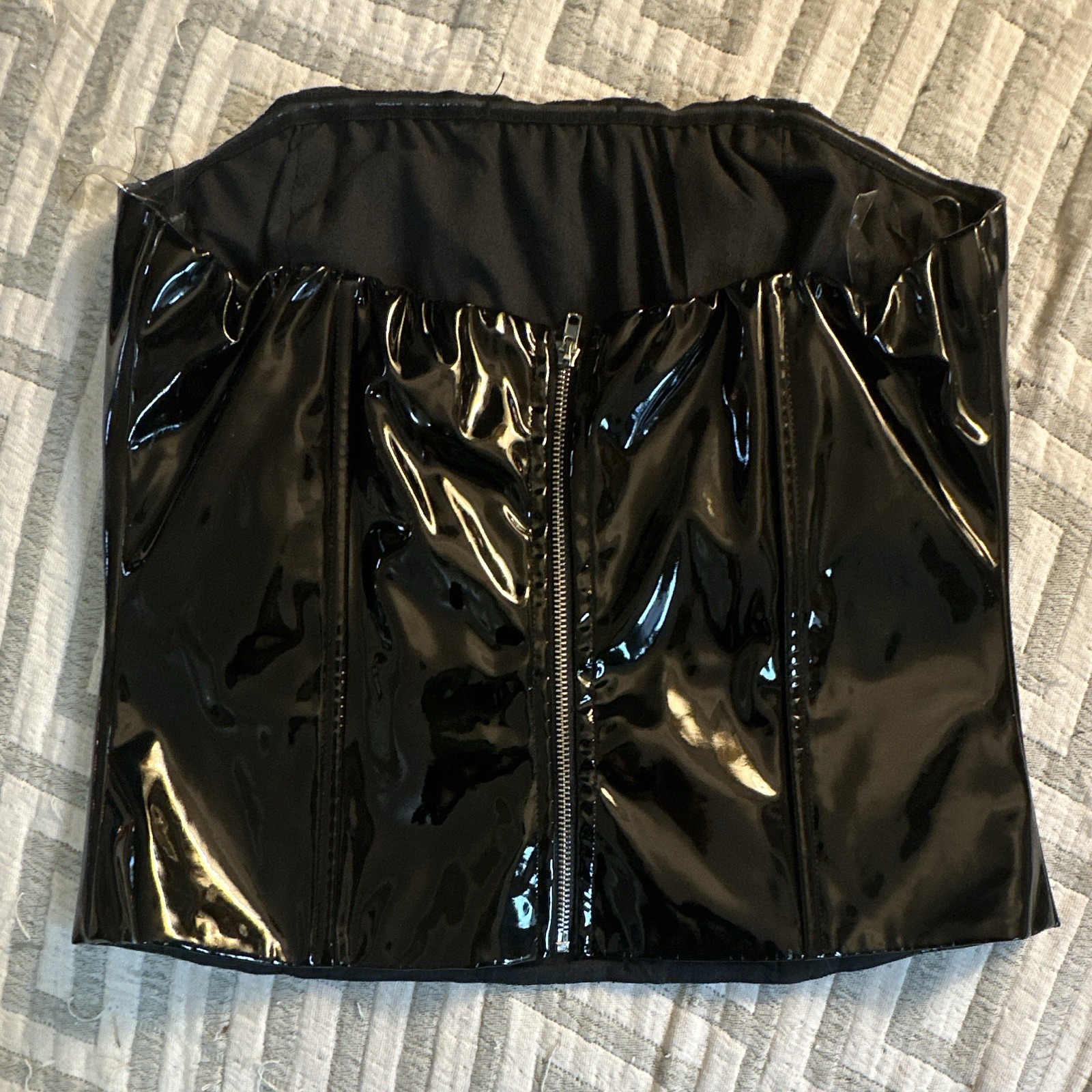 Fashion Nova Black Strapless Patent Vinyl Zip-Up Bustier Corset Top M Latex Look