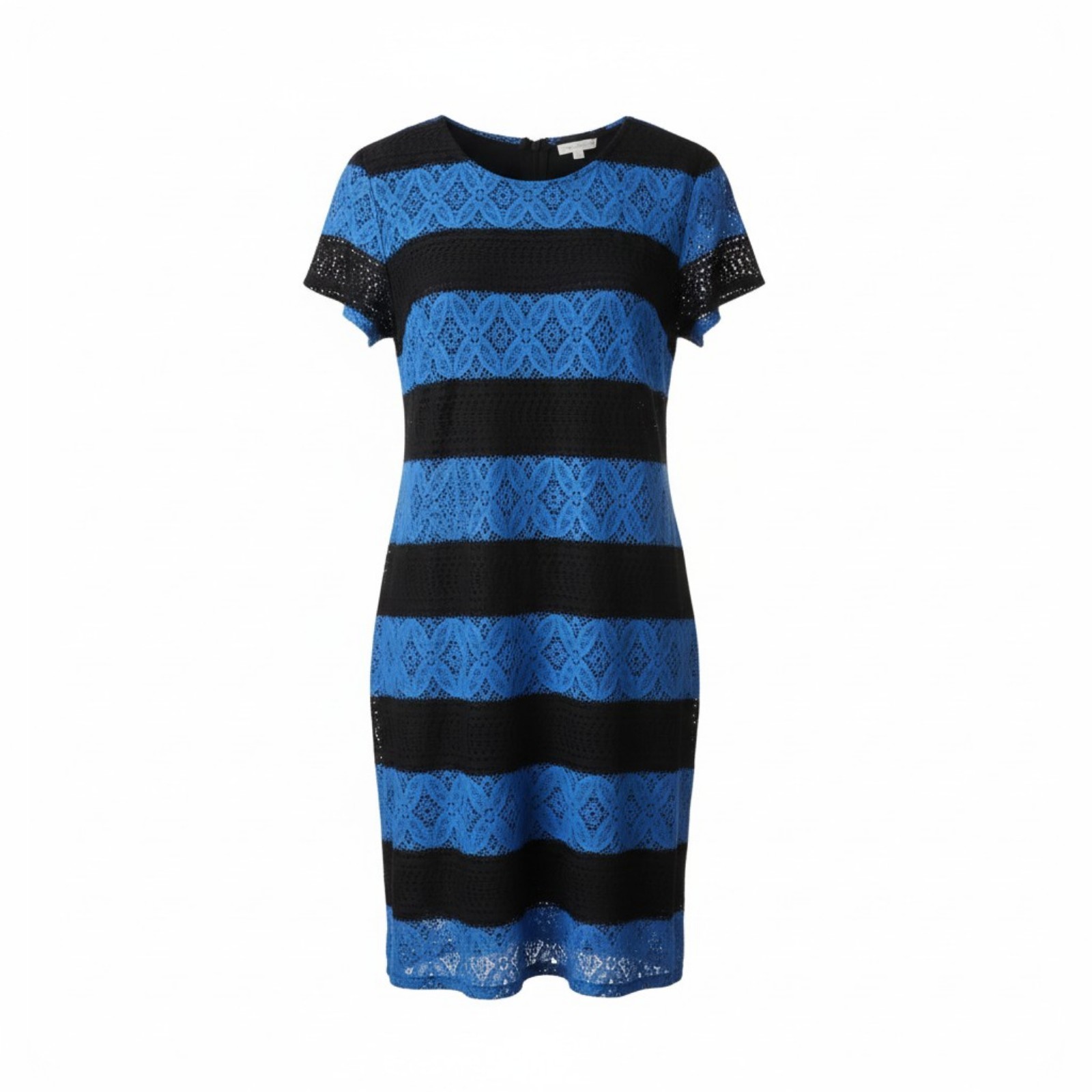London Times Lace Shift Dress 16 Blue Black Stripe Cap Sleeve Lined Zip Back