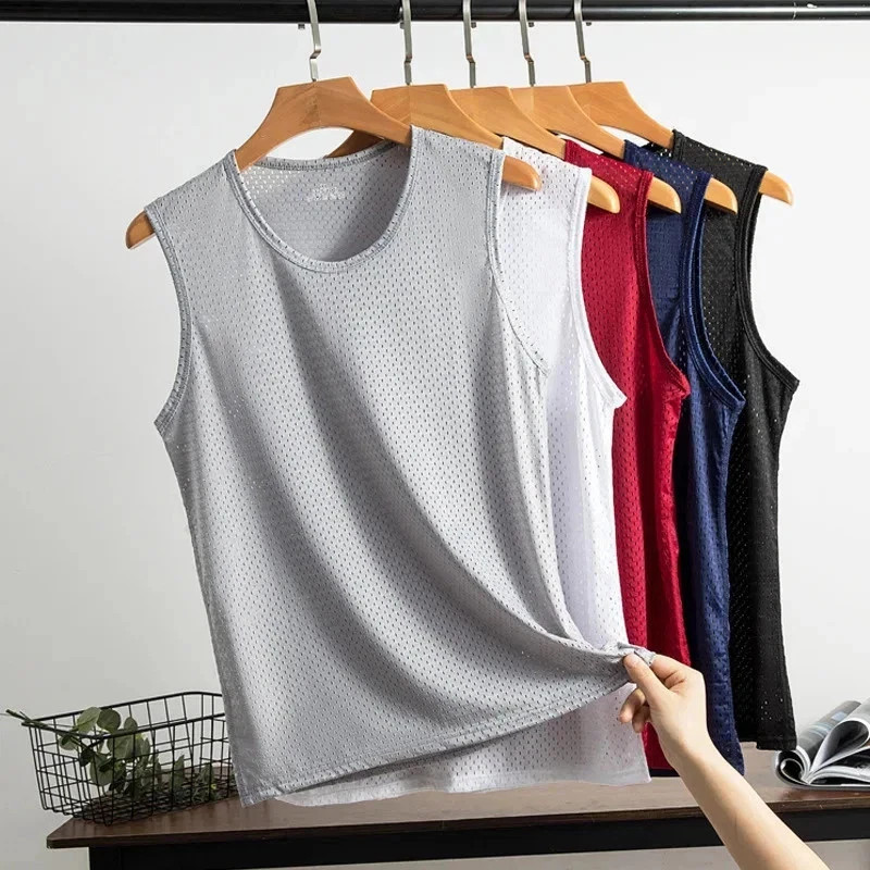 Men’s Ice Silk Mesh Tank Tops Gym Stringer Transparent Bodybuilding