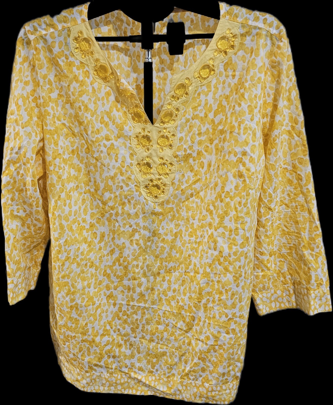 Charter Club Top Women’s 3/4 Sleeve Jeweled V-Neck Tunic Yellow XL