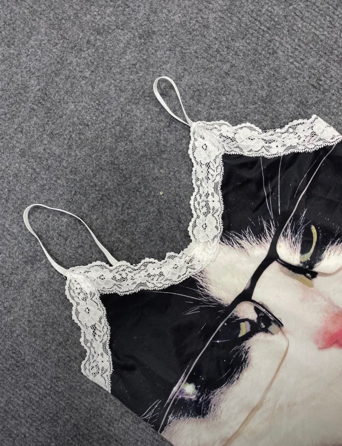 Funny Cat with Glasses Lace Trim Cami Top Y2K Aesthetic Grunge Tank Top Cute