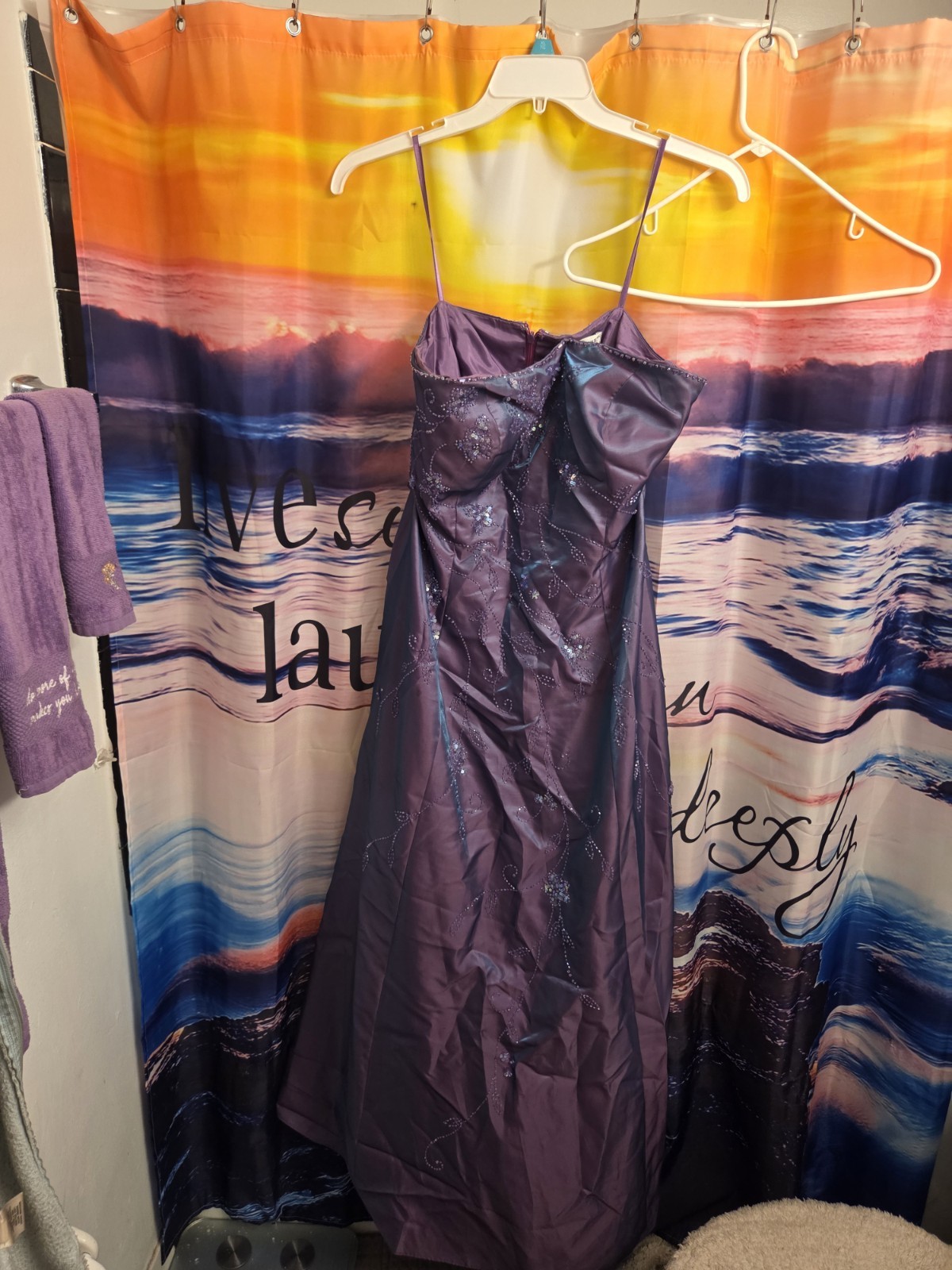 Papell Boutique Evening Purple Beaded Sequin Satin Long Formal Gown Size 14