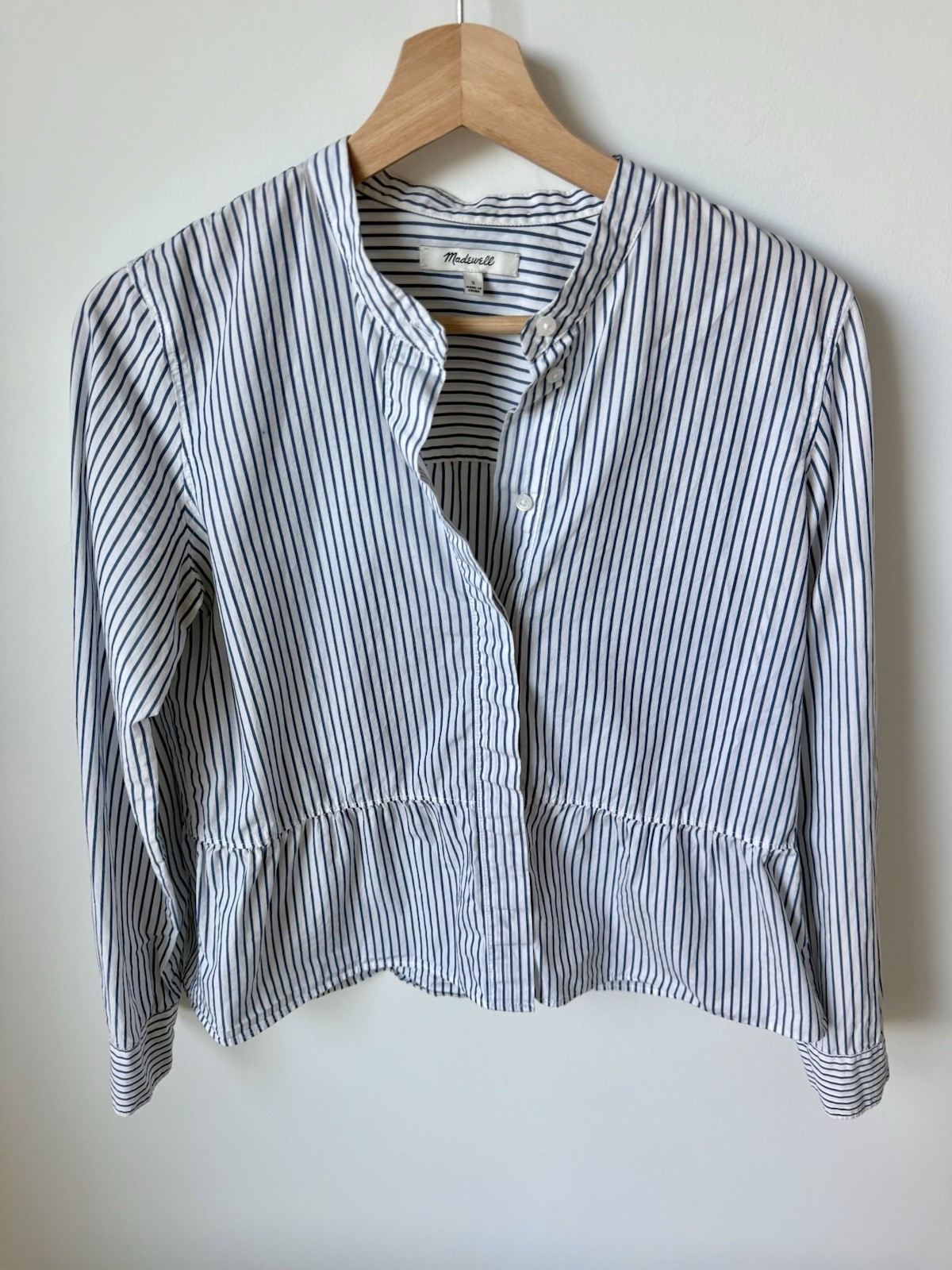 Madewell Blue and White Striped Long-sleeve Top with A Soft Peplum Hem. Size S