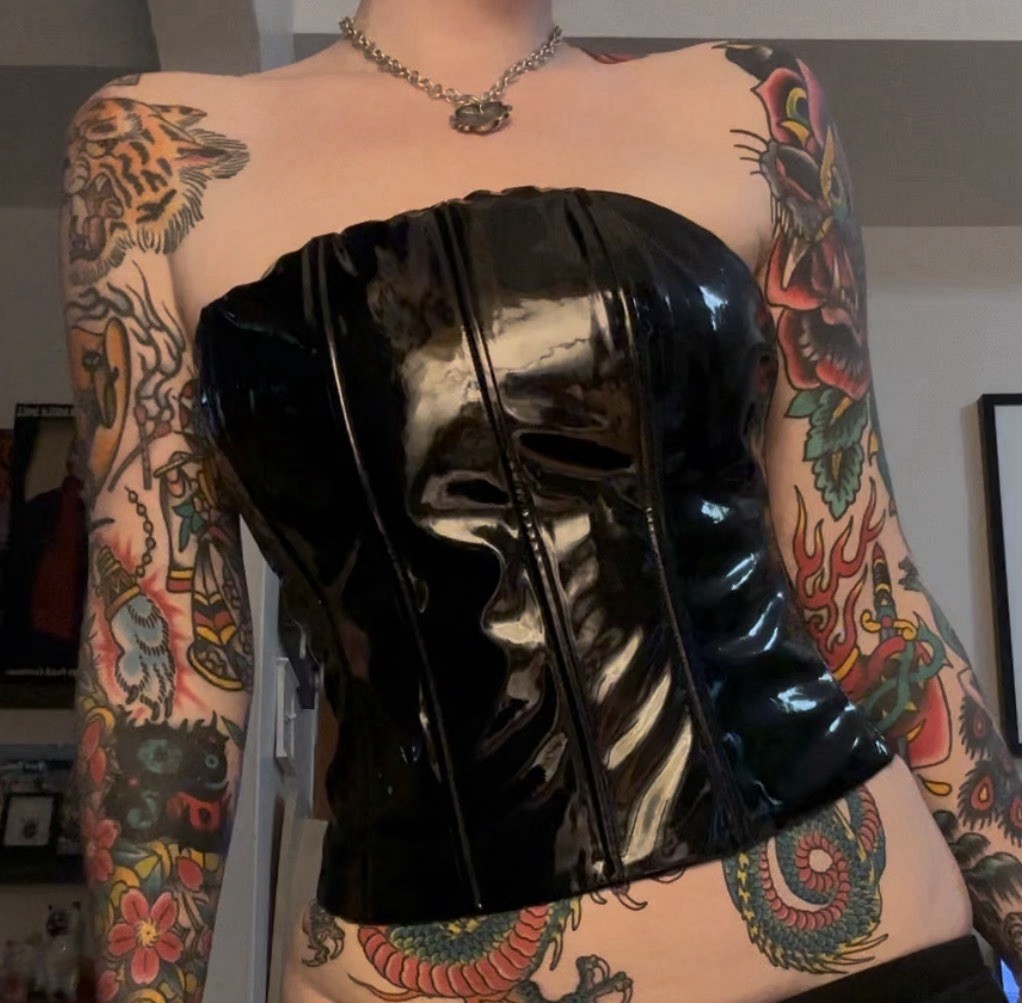 Fashion Nova Black Strapless Patent Vinyl Zip-Up Bustier Corset Top M Latex Look