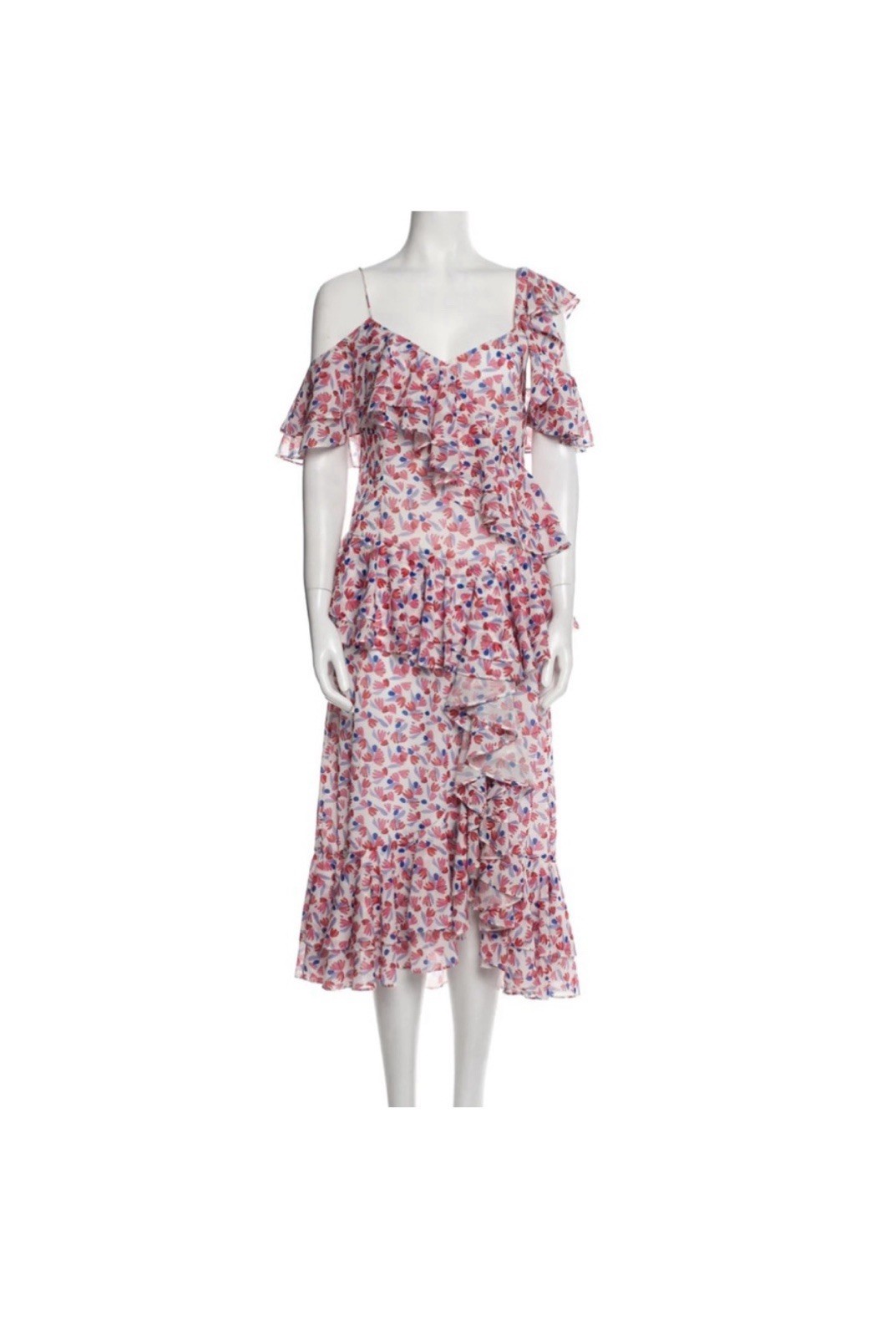 Amur Dylan One-Shoulder Ruffle Floral Midi Dress White/Pink/Blue Size 4
