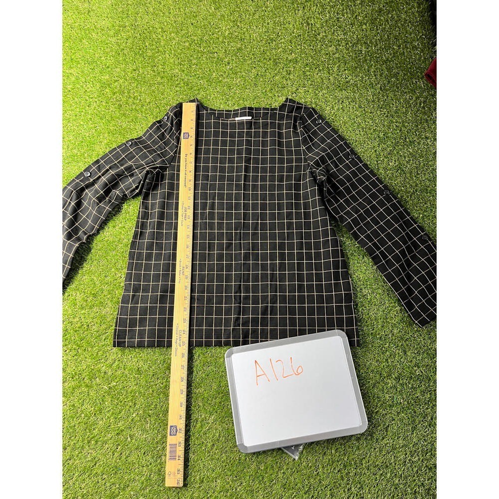 Lilli Ponte Black and Beige Windowpane Check Long Sleeve Blouse Medium
