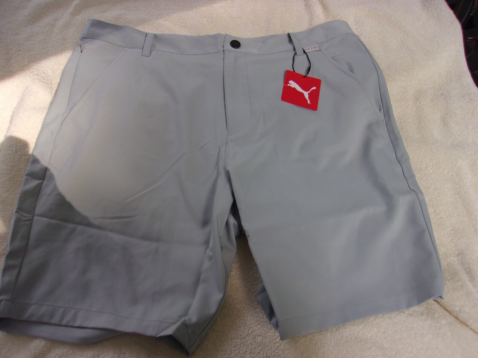 NWT Puma golf shorts, mens 34, or 36, 9 in. ins., black, gray, blue, poly., $65