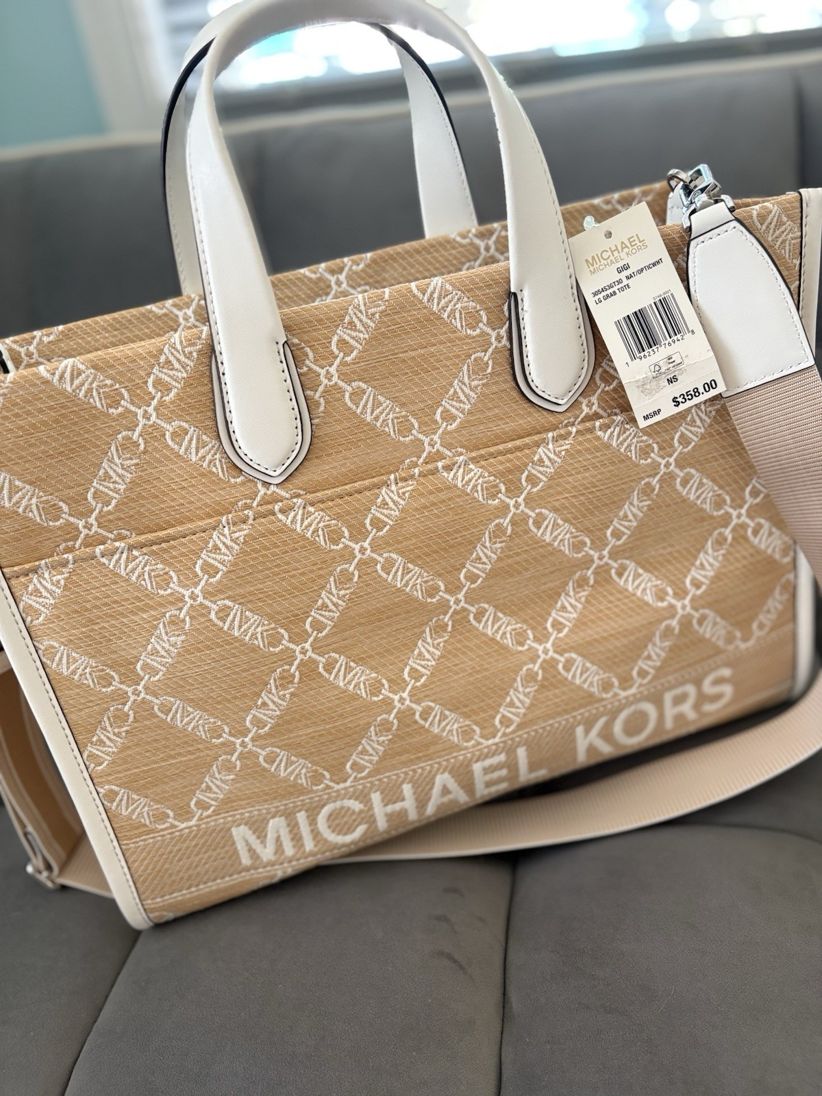 Michael Kors Medium Tote Beige Logo, White Double Handles, Zip, Detachable Strap
