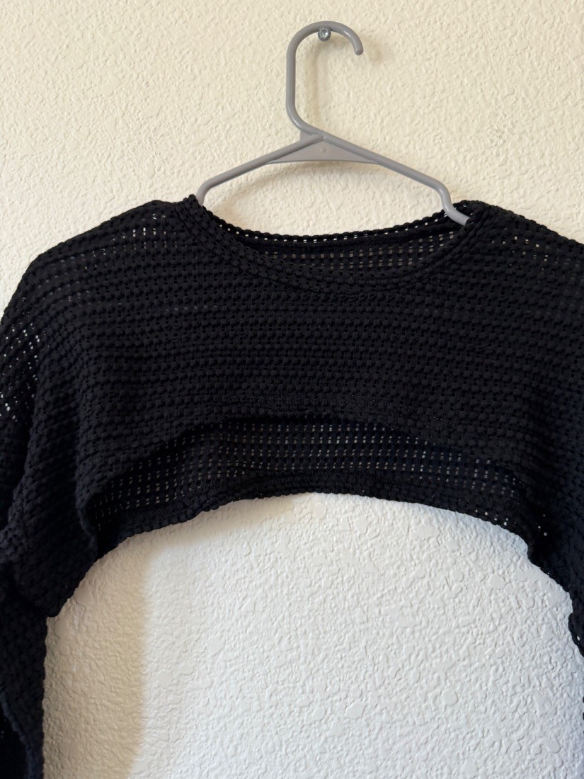 Womens Black Open Knit Mesh Cropped Sweater Long Sleeve Shrug Top M