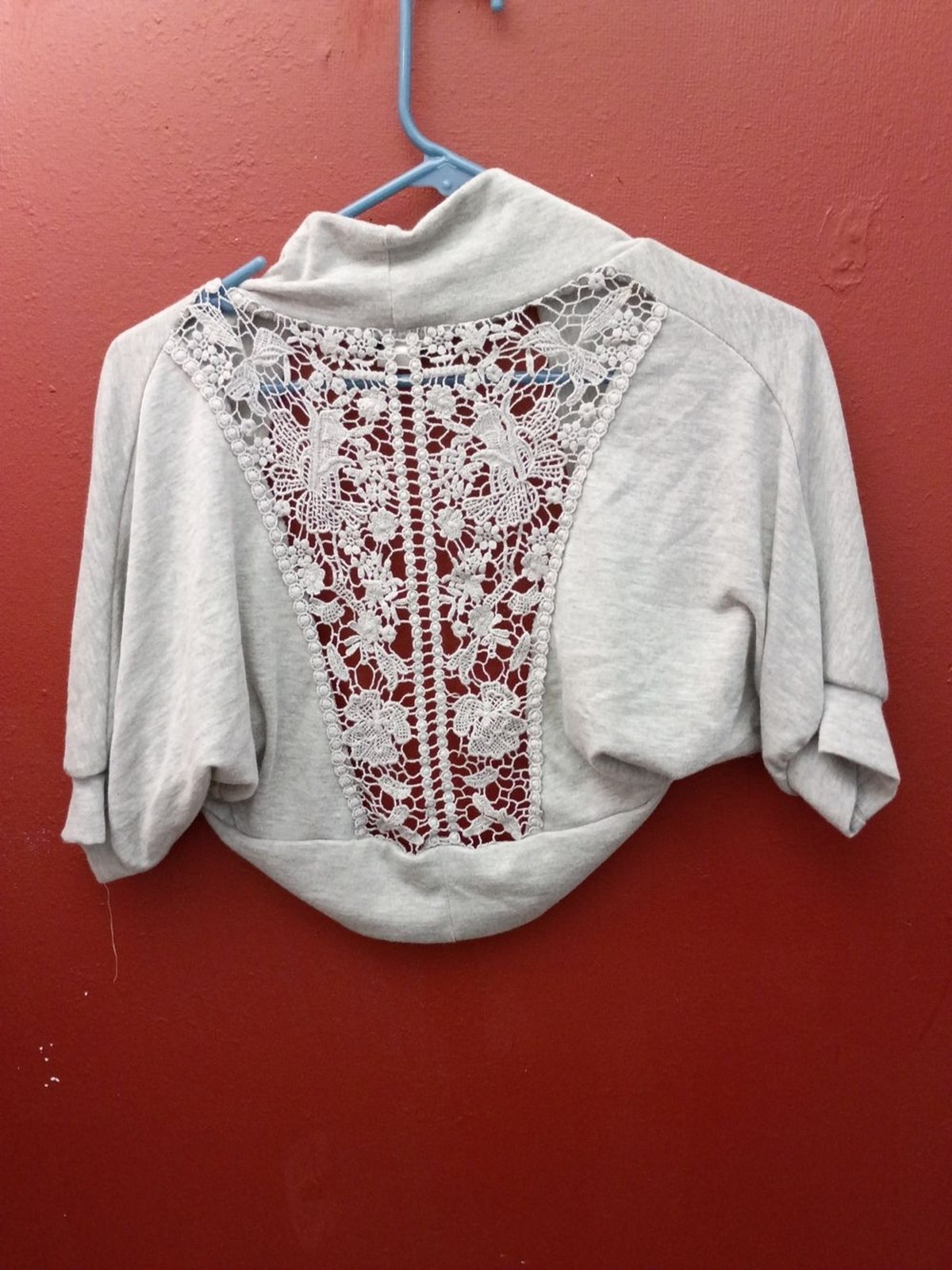 Rue21 Light Gray Crochet-Back Cropped Shrug
