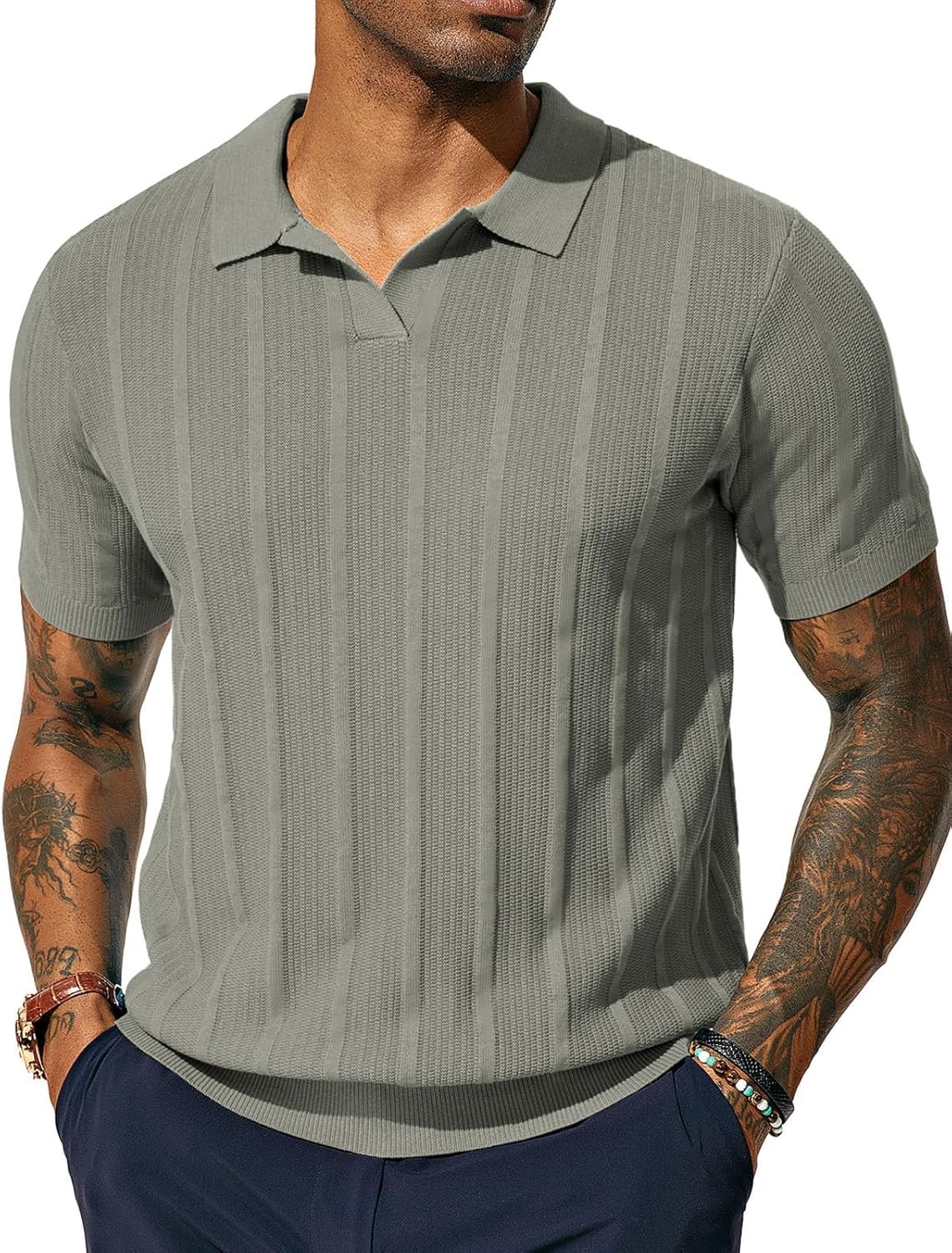 Mens V-Neck Knit Polo Shirt Textured Lightweight Breathable Summer Casual Top