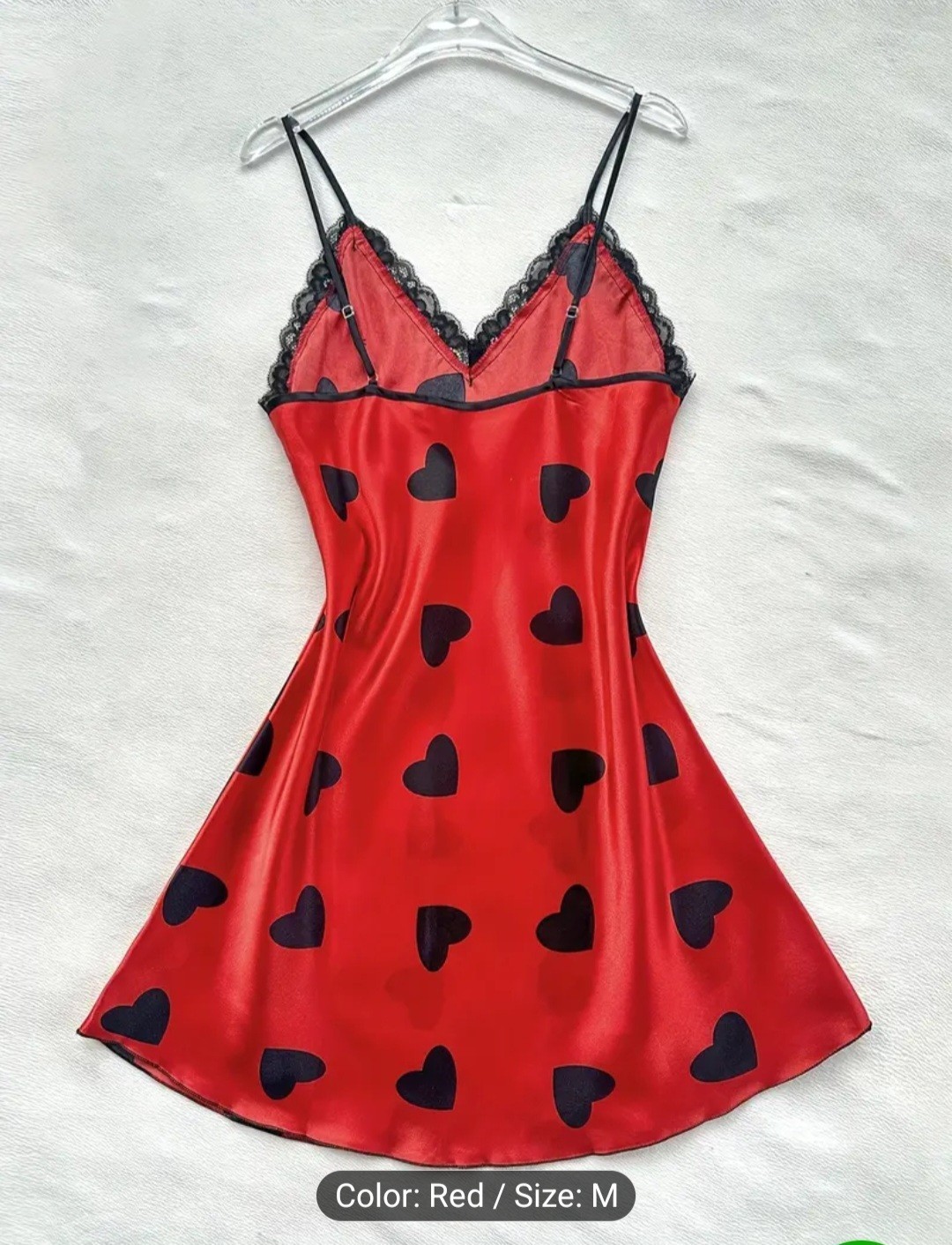 Heart Print Camisole Sleep Dress – Lace Trim, V-Neck, Machine Washable – Size M
