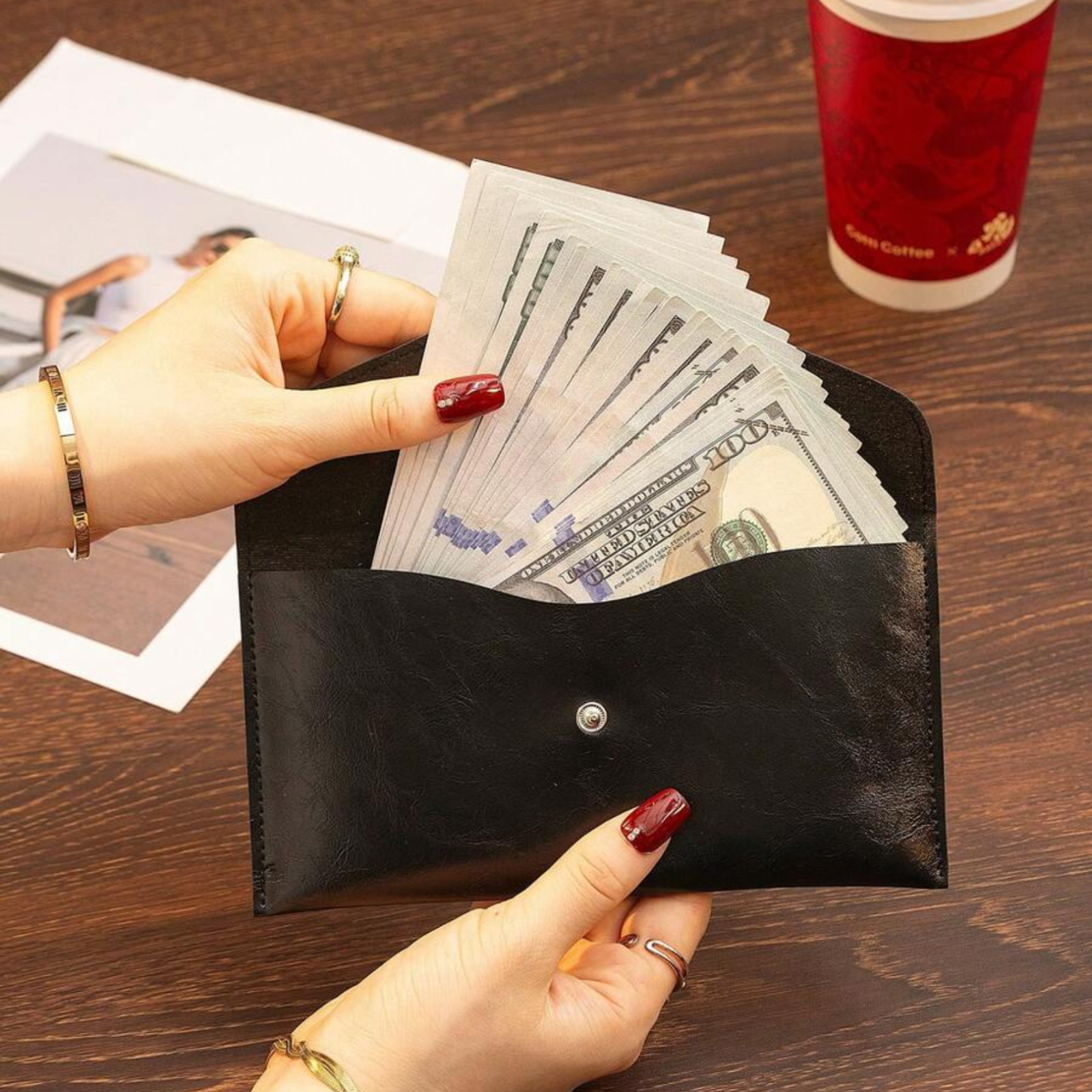 Cash Envelope Wallet PU Leather Pouch Money Organizer Storage Bag Women Moneybag
