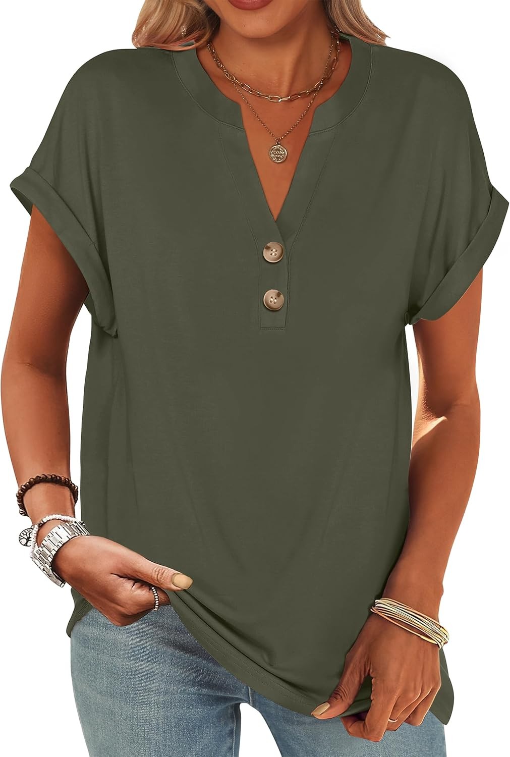Womens Henley V Neck Short Sleeve Loose Fit Casual Summer Tunic Blouse Top