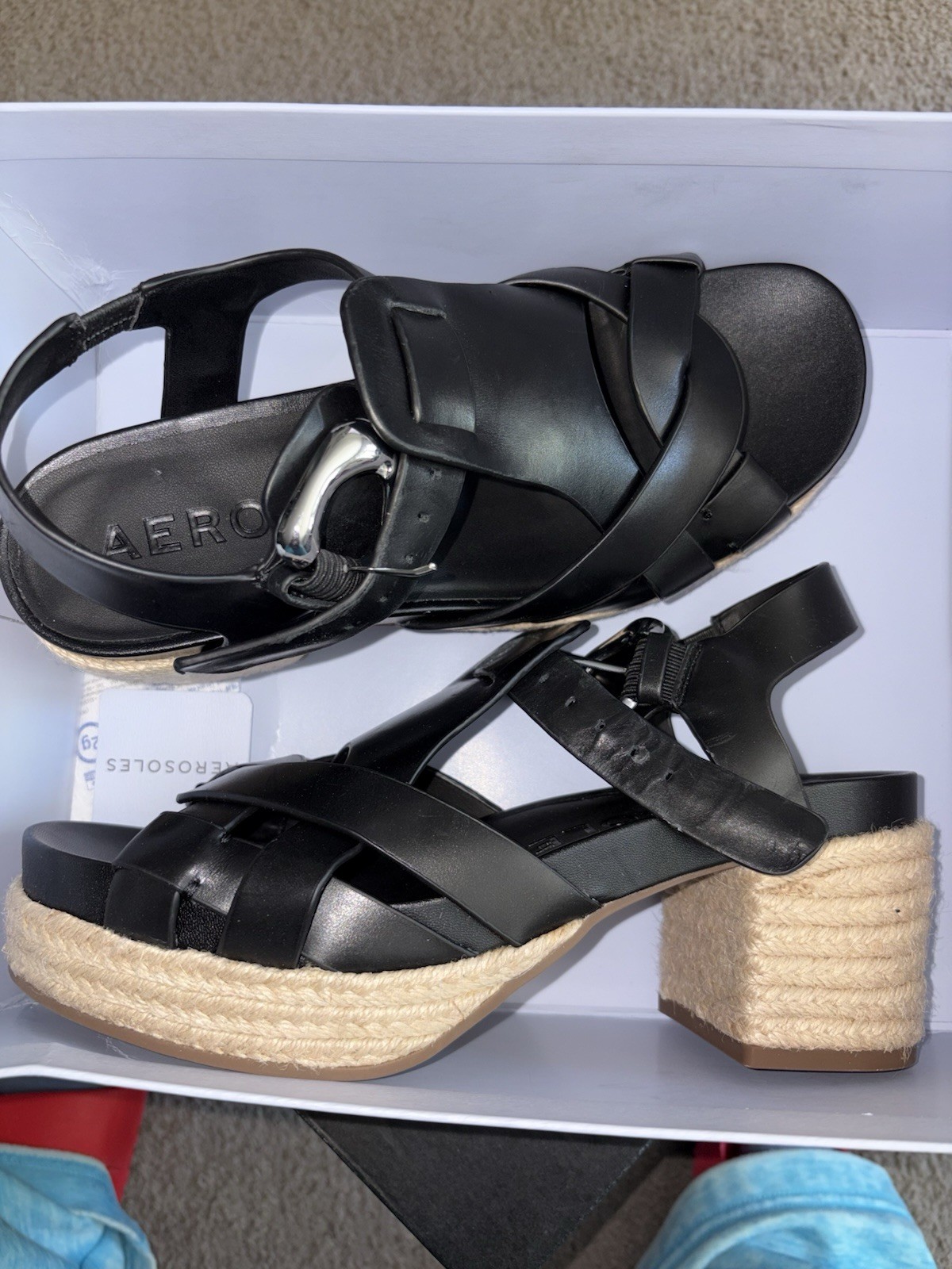Aerosoles Women’s Black Leather Strappy Buckle Block Heel Sandals US 9.5 M