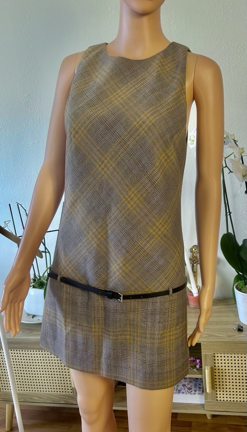 Mango Gray Yellow Plaid Mini Shift Dress Round Neck Sleeveless Belted Zip S