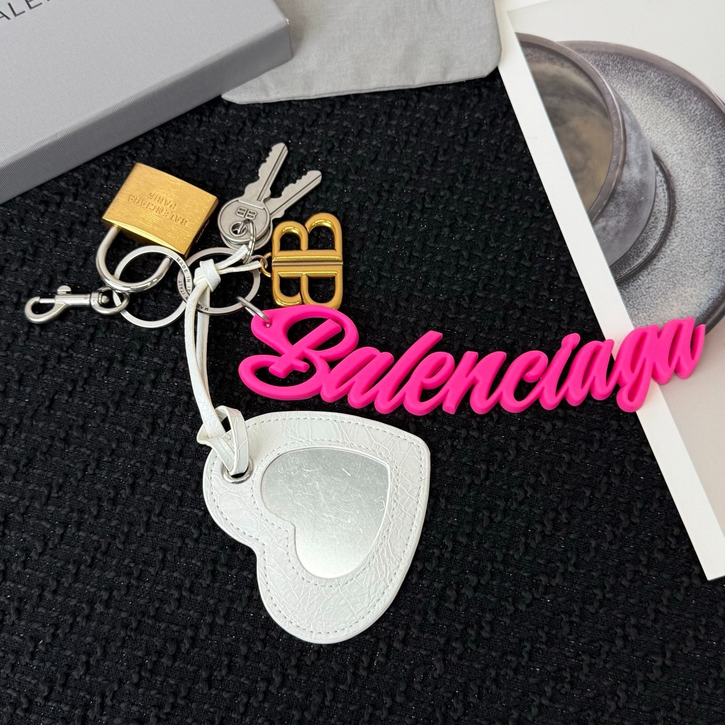 Balenciaga Multi Badge Keychain White Heart Hot Pink Script Logo Bag Charm