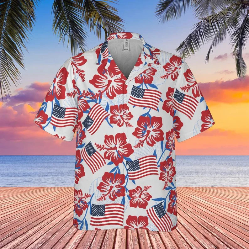 American Flag Hawaiian Shirt: Hibiscus Print, 4th Of July Button-Down